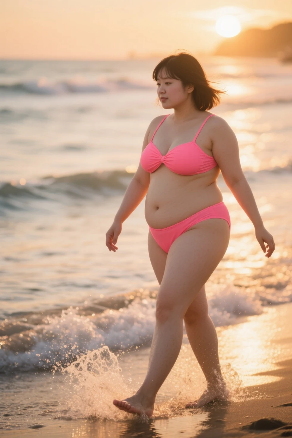 1 female, Overweight, surfer, Extremely fat, Chubby, Japanese, 4k, High resolution, masterpiece, highest quality, fine skin, sharp focus, (cinematic lighting)