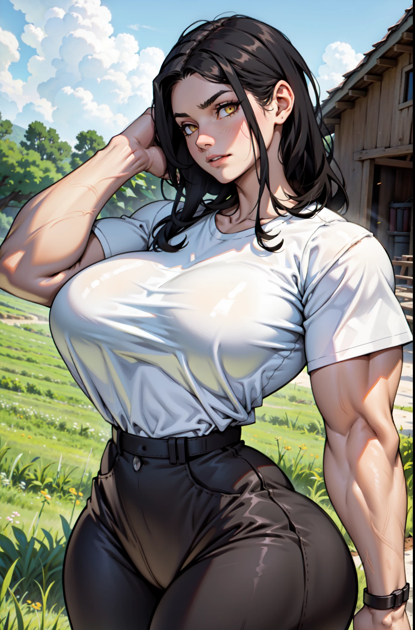 ((1girl bodybuilder muscular)) pale skin black hair very long hair yellow eyes ((curvy wide hips thick thighs huge breasts)) ((flannel shirt jeans beanie ax lumberjack)) in the woods angry