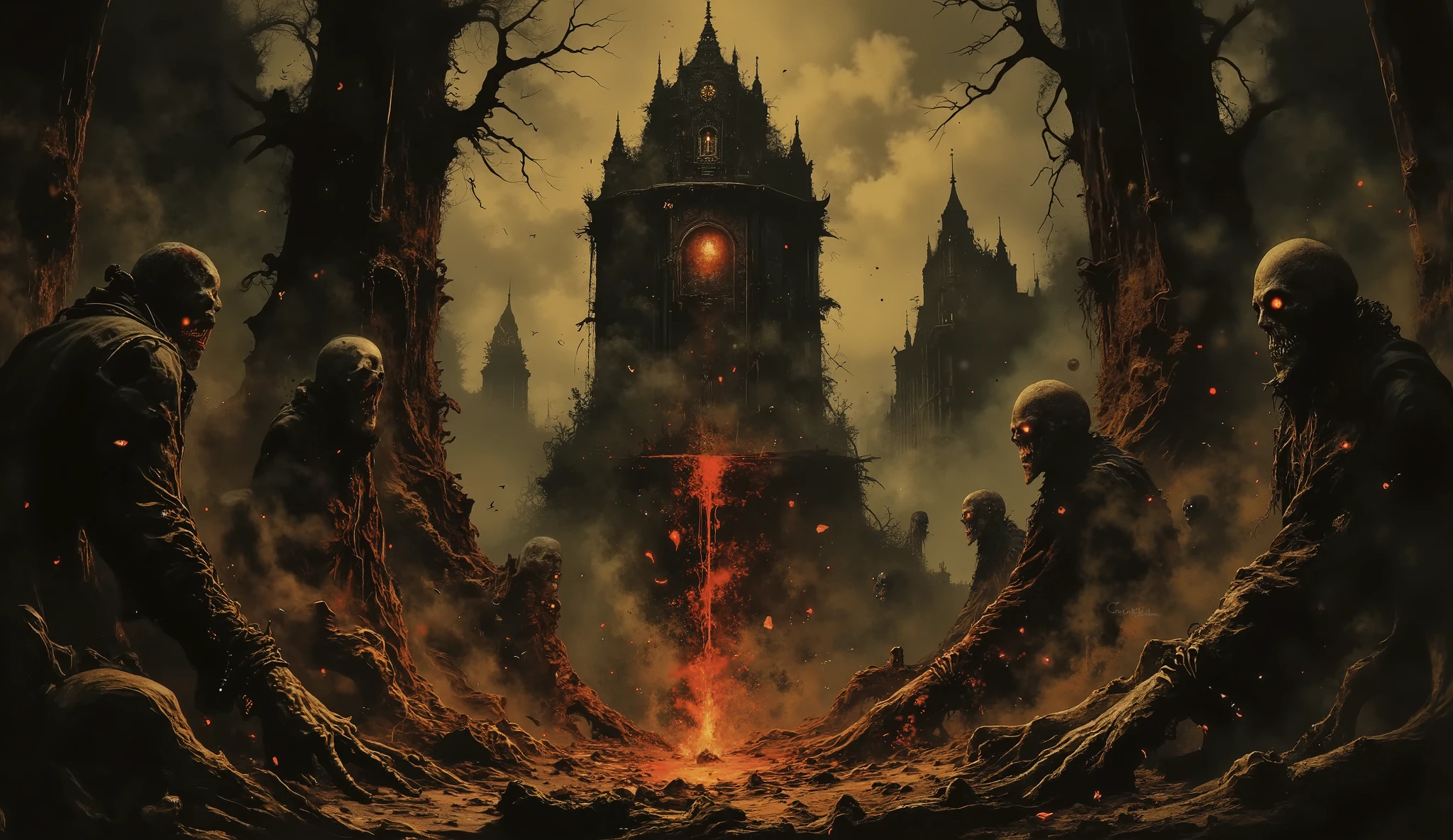 Eldritch horror, dark surreal, tentacles, skulls, eerie shadows, darkness, fog, twisted trees, dark temple background, high detail, masterpiece.