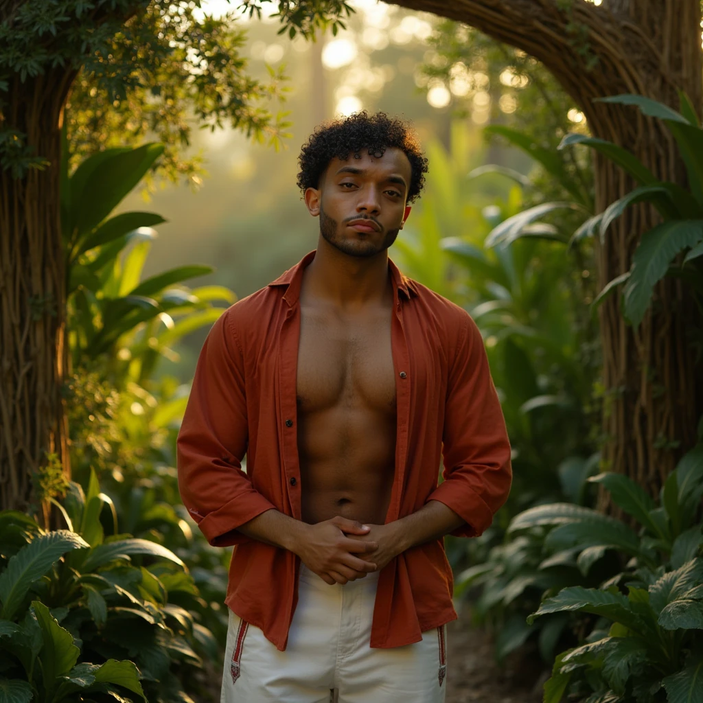 A fully nude Brazilian man in a lush tropical garden, with a close-up capturing the harmonious beauty between her legs and the natural flowers, showing off your natural charm and outgoing personality.