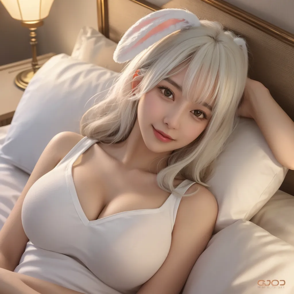 masterpiece, best quality, ultra-detailed, illustration,1girl, large breasts, long hair, full body, blush, bangs, bunny girl outfit, (pink bunny girl), light blonde hair, Collar,evil smile,shiny hair, shiny skin, red shiny eyes, full body depiction, lying on bed