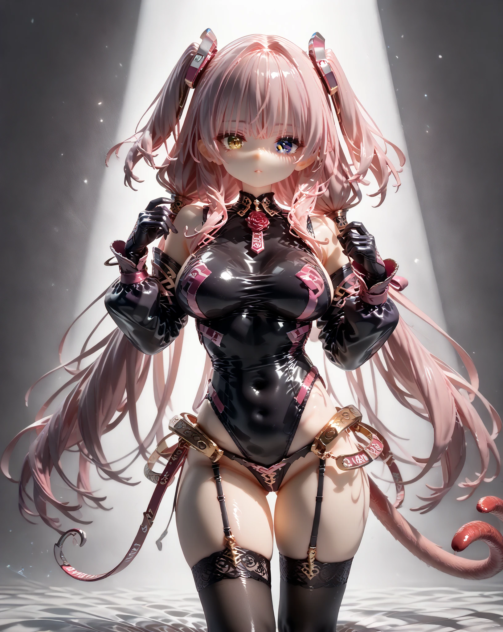 Anime Waifu beautiful detailed eyes, beautiful detailed lips, extremely detailed eyes and face, longeyelashes, 1girl, sensual, young woman, medium breasts, beautiful feminine face, nice thighs, slim, sexy, erotic, beautiful clothes, perfect body, cinematic lighting and framing, (best quality,4k,8k,highres,masterpiece:1.2),ultra-detailed,digital painting,portrait,glamorous,highly detailed,soft lighting,warm color tones aachizuru, long hair,((Highest quality,,T-And Star Piece:1.3)),Sharp focus:1.2,Pretty woman with perfect figure:1.4,,(Incredibly huge breasts:1.4),(Huge hips),smile,Thin abdominal muscles:1.2,((Beige Hair,.4)),,Highly detailed face and skin texture,Fine grain,double eyelid、(Black Theme:1.3), (Gothic Punk:1.3), (studded leather jacket:1.1), (Latex leotard, Leotard Fusion Gothic Skirt, Frills, race:1.2), race-up boots, gloves, chain neckrace, choker, Chain Accessories, zettai ryouiki
、【prompt】
break (black and shocking pink theme:1.4), (Sexy succubus cosplay costume with genital tattoos:1.2), (sleeveless black latex high neck crop top with Heart-shaped cut keyhole:1.4), ((Bare shoulders, Bare arms, Bare thighs):1.3), (Black latex low rise micro shorts:1.3), (shocking pink grommet belt:1.3), (Tight latex black long sleeves:1.3), ((A combination of black high platform shoes and thigh-high boots) with heels:1.2), (shocking pink devil horns has bioluminescence glow LED-light on temporal region:1.3), (Large bat wings for cosplay:1.4), (Black wings:1), (shocking pink (Heart-shaped, Heart symbol) Bioluminescent LED light on belly:1.4), (Black prisoner's bracelet:1.2),