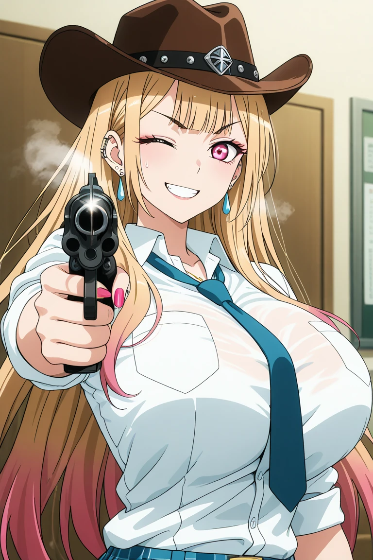 ,Clementine,Overload, blush, lipstick, anime girl with long hair, beautiful long
haired girl, masterpiece, best quality, ((unbuttoned , cleavage, necklace, earrings, sexy body, breasts)) , micro skirt, smiling, navel , exposed belly, exposed navel,(nsfw) not safe for work,school, knot, classroom , holding a gun, hold a gun, 