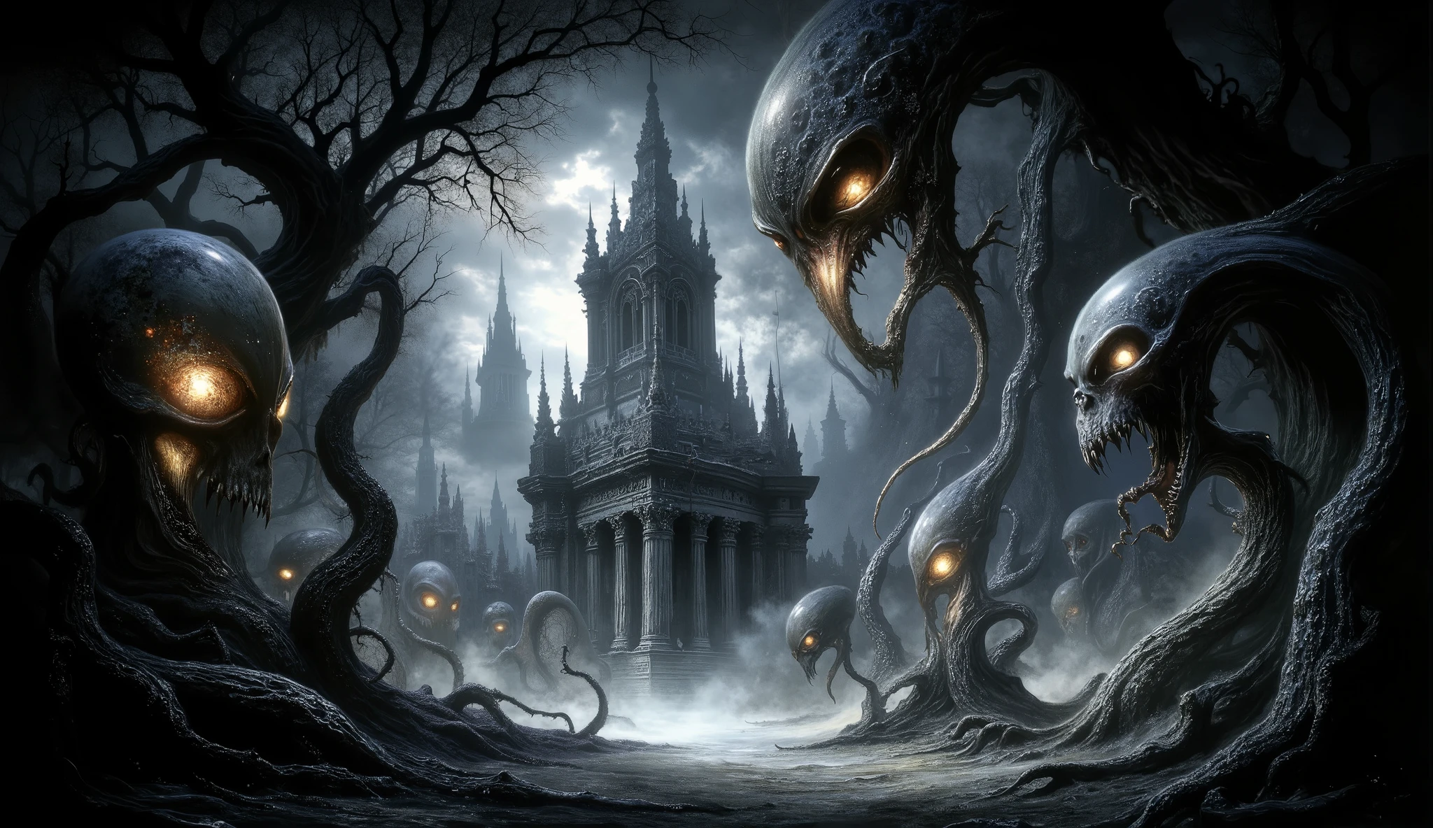 Eldritch horror, dark surreal, tentacles, skulls, eerie shadows, darkness, fog, twisted trees, dark temple background, high detail, masterpiece.