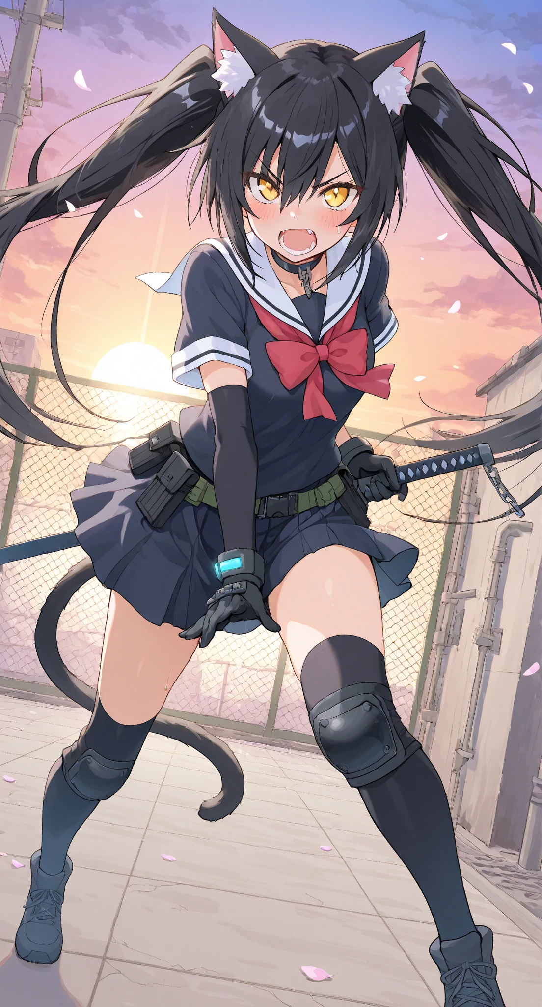 A black-haired girl wears viking helmet wields the Heavy Thrusting Swords from within the Elden Ring in a reverse grip.