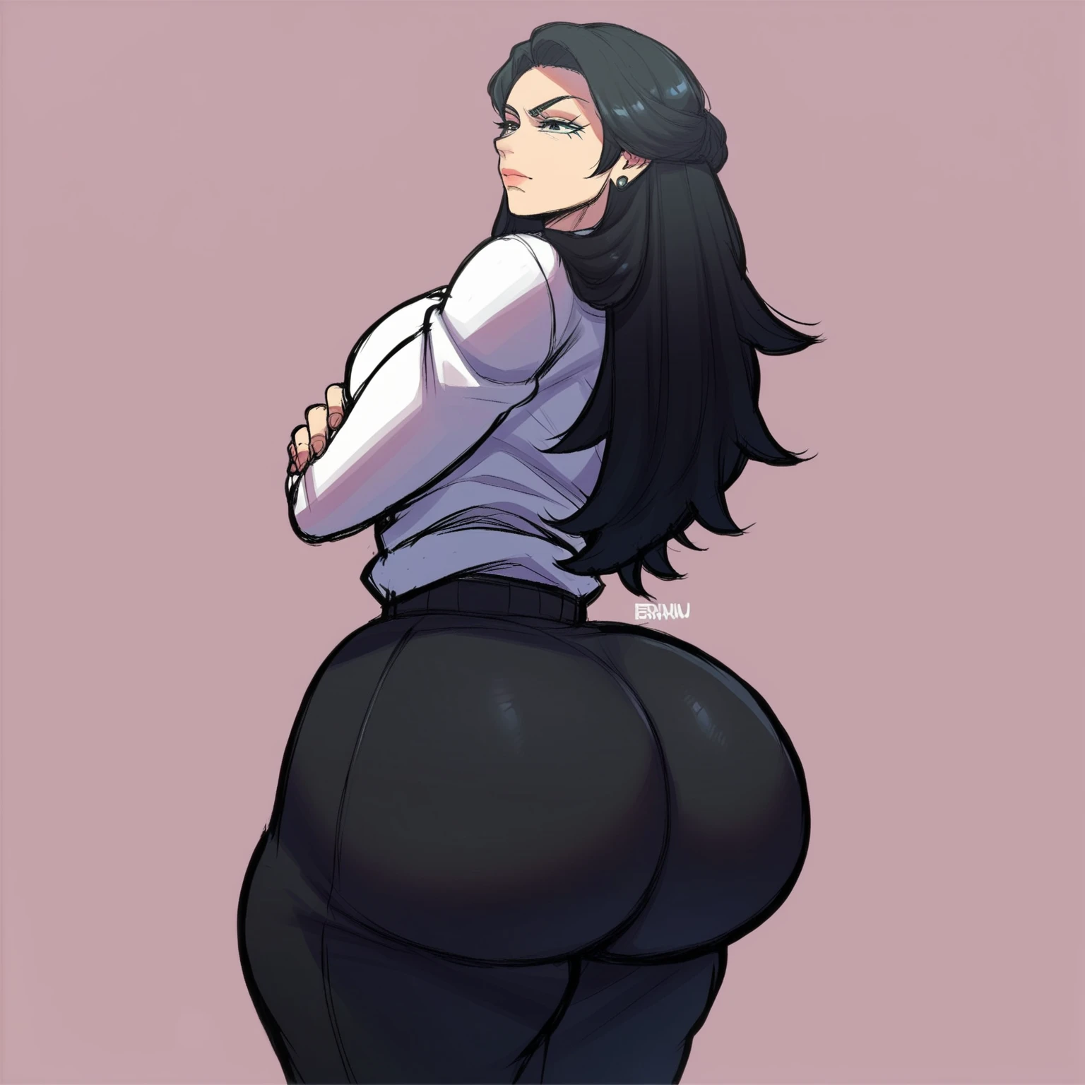 ((masterpiece, best quality)), ((((perfect anatomy)))), ((35 year old)), (((Curvy))), ((Latina with long black hair)), in ((purple sweater)), ((beige pants)), (((Noticeable visible panty line))), purple lipstick, heavy eyeliner, standing in front of a gradient screen, (((photo realistic)))