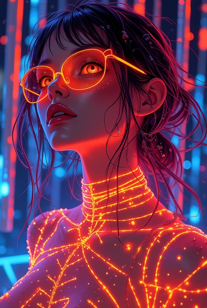 disco, (mirror ball (large revolving ball covered with small pieces of mirror glass):1.3), (Adult Italian woman:1.6), holding wires, looking to camera, (polyvinyl Jacket With Rivets:1.3), (rave fashion:1.6), (orange hair:1.4), (open zipper:1.5), (erotic:1.8), (sexy:1.5), (glowing disco lights:1.8), (dangling sprinkler neon wires:1.7), best quality, sunlight, detailed face, gorgeous, realistic skin details, high quality, seen from below, translucent, (voluptuous:.9), sensual, lascivious, dominant, (sexual:1.4), sexy, romantic, high quality, film grain, Cinematic Light, sidelighting, stars background, sharp focus, overexposed light