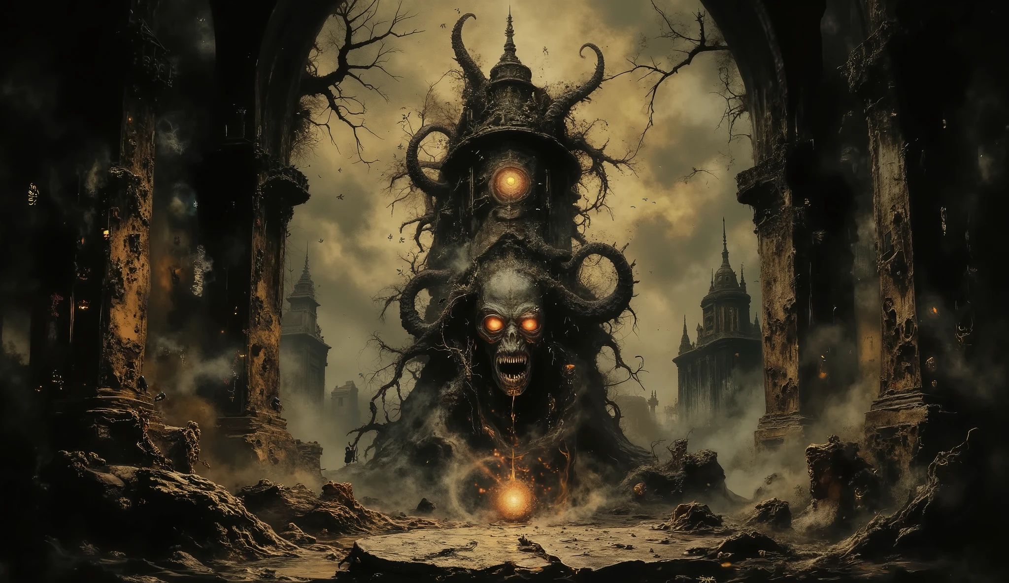 Eldritch horror, dark surreal, tentacles, skulls, eerie shadows, darkness, fog, twisted trees, dark temple background, high detail, masterpiece.