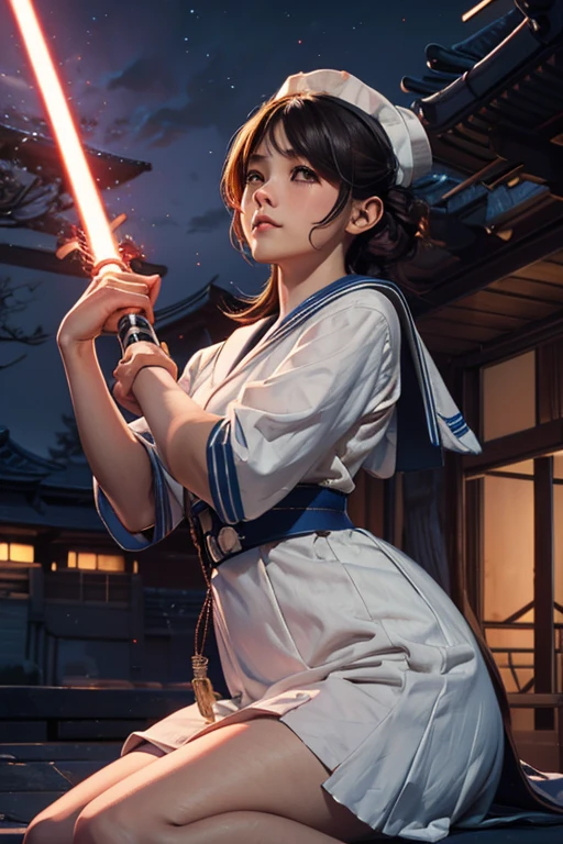 A lovely woman, business attire, confident stance, wielding a laser sword ramen advertisement 'obliterate your hunger'