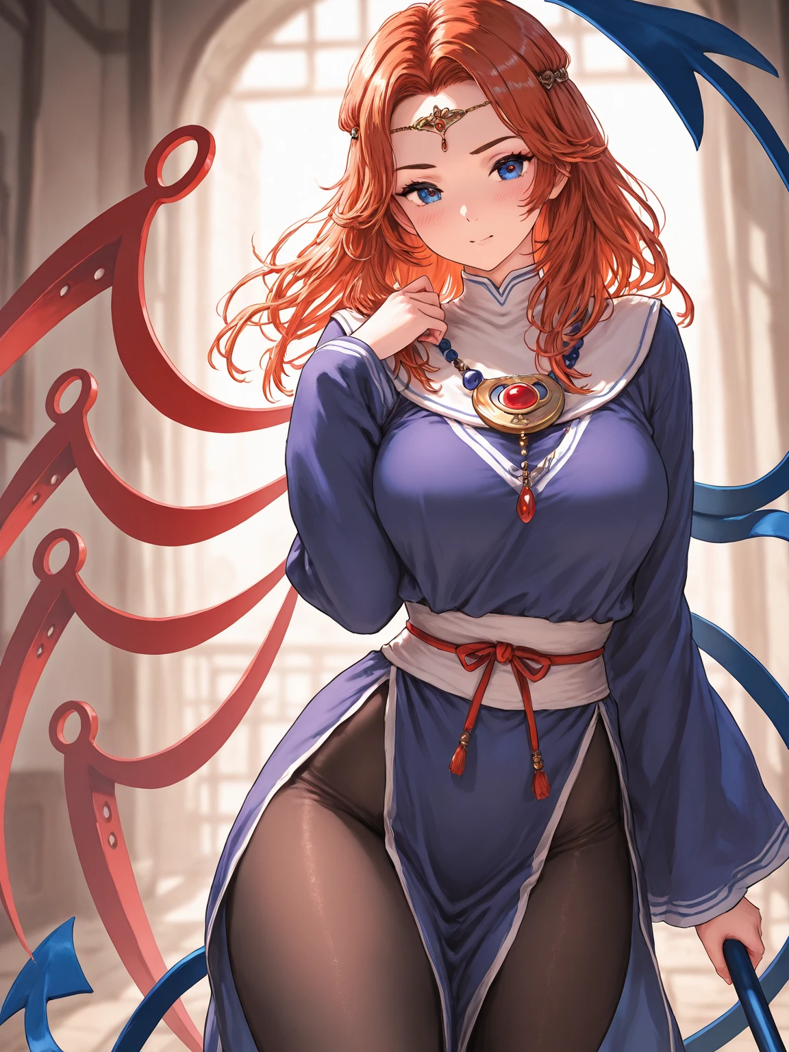 18 year old beautiful girl, blue big eyes, Petite and slender、slightly large breast, ((scarlet orange hair,)),(Loose fluffy short braided hair), in 8K, of the highest quality, (Highly detailed head: 1.0), (Very detailed face: 1.0), (very detail hair: 1.0),(sexy exhibitionist costume), Detailed official artwork, anime moe art style, clean detailed anime art, Cool smile