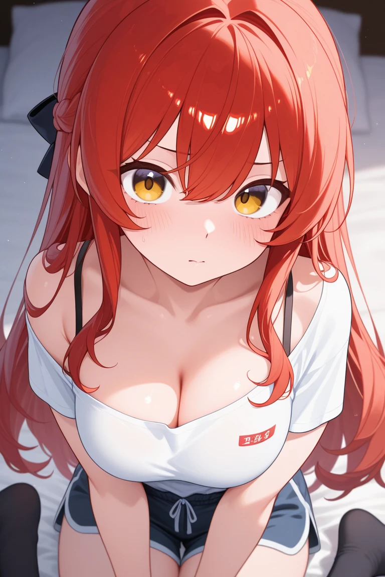 cleavage, ,brown hair, red eyes, red fingerless gloves, glowing aura, natural light, masterpiece, brown hair, red eyes,glossy skin, juicy lips ,long hair, cute, kawaii, adorable, adult, big boobs, from above, fishnets, white and pink jacket, tounge out, taking jacket off, ahegao