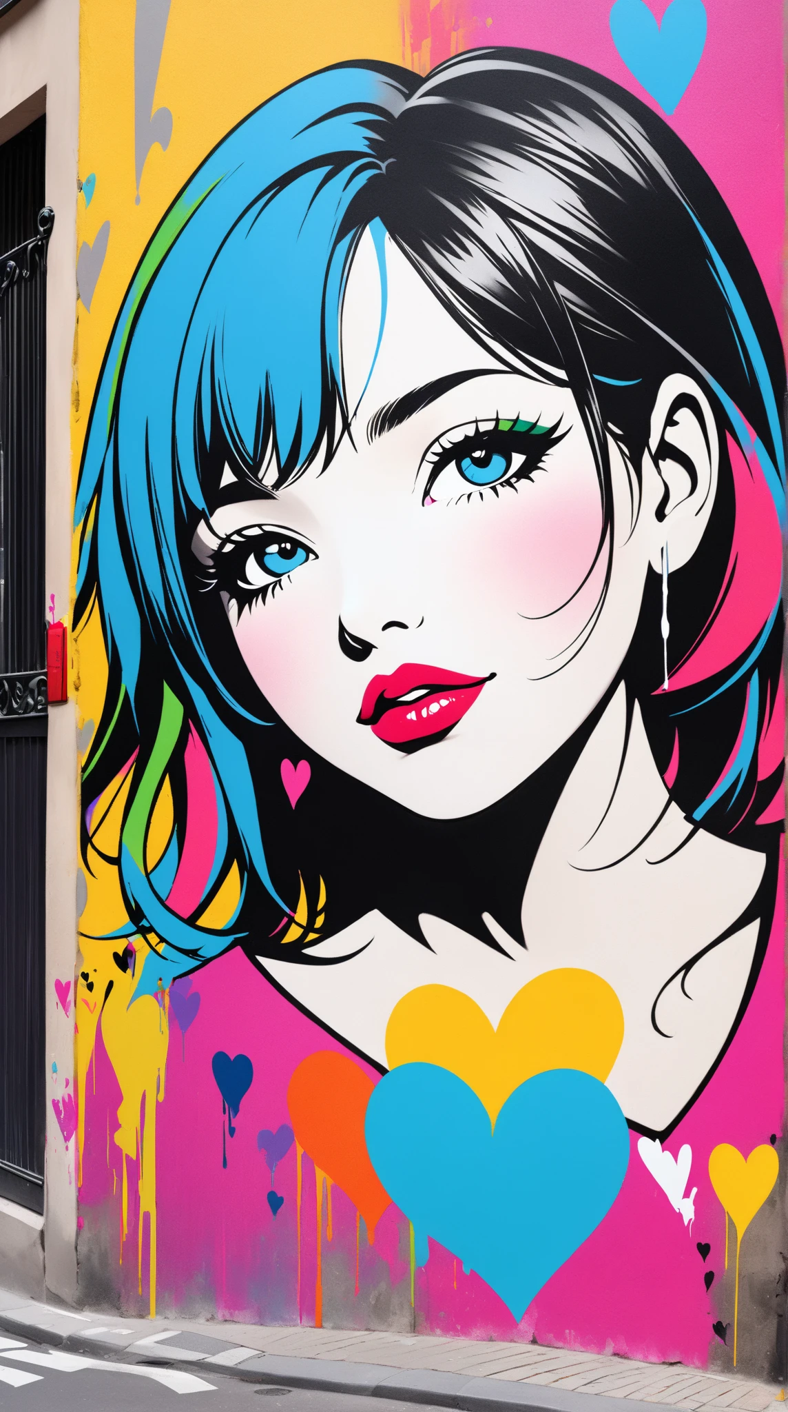 Ultra-realism Keith Haring colorful style, Simple Line Initialism，Abstract art，(((The most beautiful girl of all time))), Sweet face. Lips in love, colorful hearts, stylish design, Summer beach fashion, Dark Eyes, Graffiti on the wall