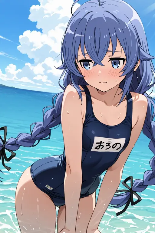 Random Swimsuit、Acme Face、Random pose、, Pale purple eyes、Pale purple eyes、Semi-long hair、nsfw、Highest quality、1 girl、solo、Ocean、Sandy Beach、Sexy pose、Random pose、Blushing、wet、Embarrassed、I can see half of my 、、One piece swimsuit、(Strap slip:1.3)、Swimsuits in random colors