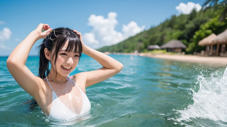 Summer sea。Cute girl at 19 years old。Wearing a bikini。Small breasts。laughing。Take off your bikini