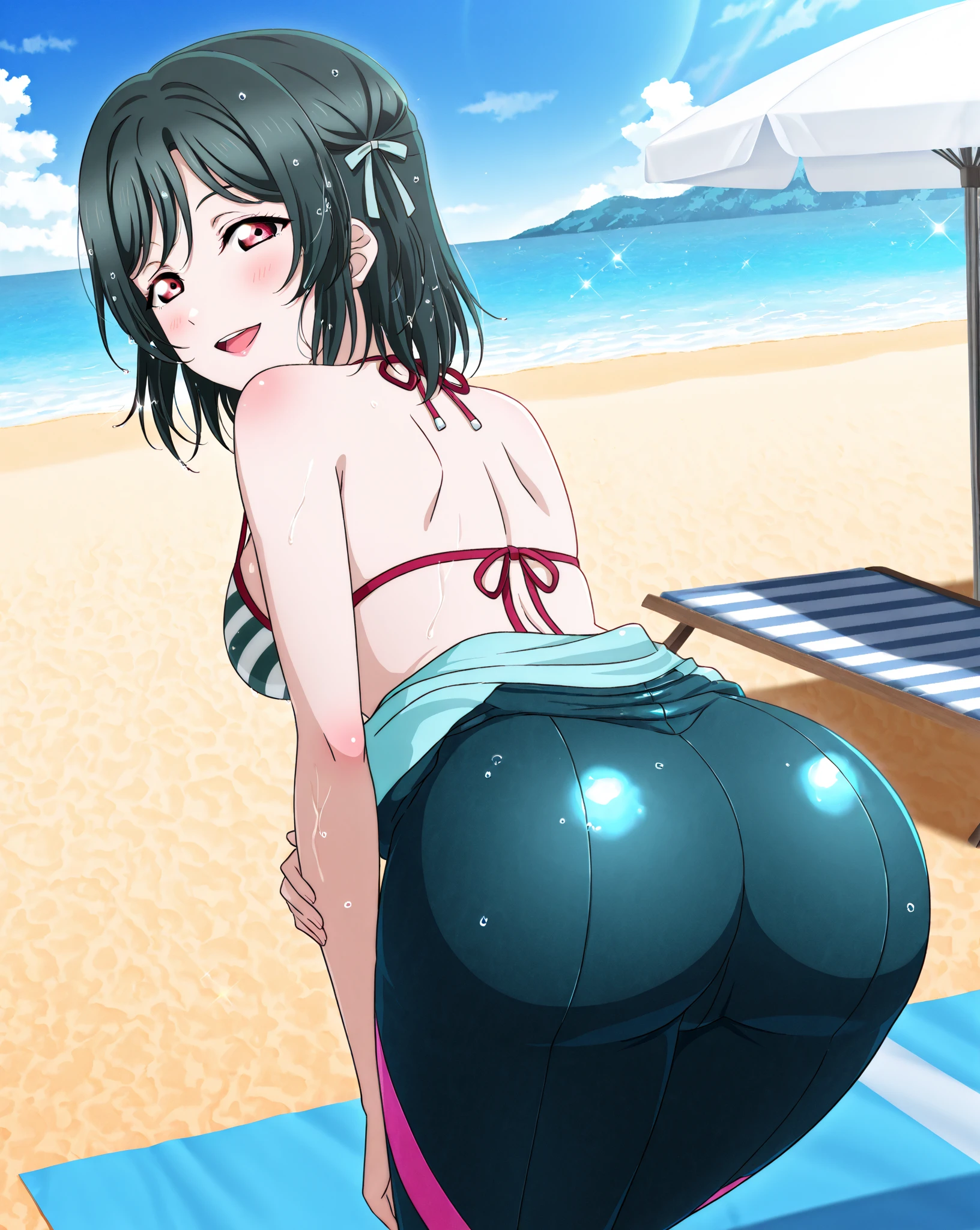 japanese,nsfw, ((pink frilled-one-piece-swimsuit,,))black hair ,hair up back,hime cut,glamorous, voluptuous, surrounded by many boys, shy, sexual ecstasy, blush,beach,penis surround,on all fours,boy sex,pussy,side angle shot