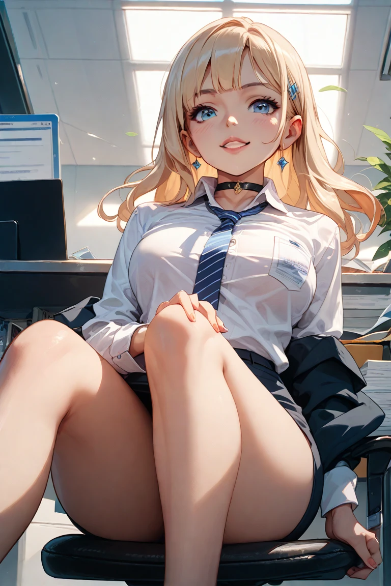 (((((loli)))))、(((Skin exposed from disheveled uniform)))、((((Sexual Services))))、((((sitting and spreading her legs))))、Nipples protruding from the bra、panties on、((((feel shy))))、((a blond))、beautiful  Girl、Large beautiful breasts、cleavage of the breast、A slender、オマンコ、(((((Seduction while being shy)))))、(((s Office)))