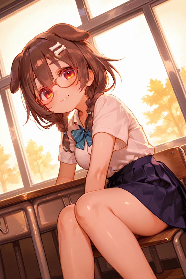 Highest quality, masterpiece, High resolution, (alone), {full moon_Fleet Collection:1.15}, Long Hair, Brown Hair, Glasses, brown_eye, red-framed_Glasses, semi-rimless_Glasses, Crescent Moon, black_Seraphim, blush, Under Rim_Glasses, One girl, Closed_eye, Open_mouth, School_uniform, (indoor, office, living room), , blackスカート, smile, (Petite), Flat Chest, (panties), (Junior Bra), Sports bra, (White underwear), From behind, Butt, On all fours