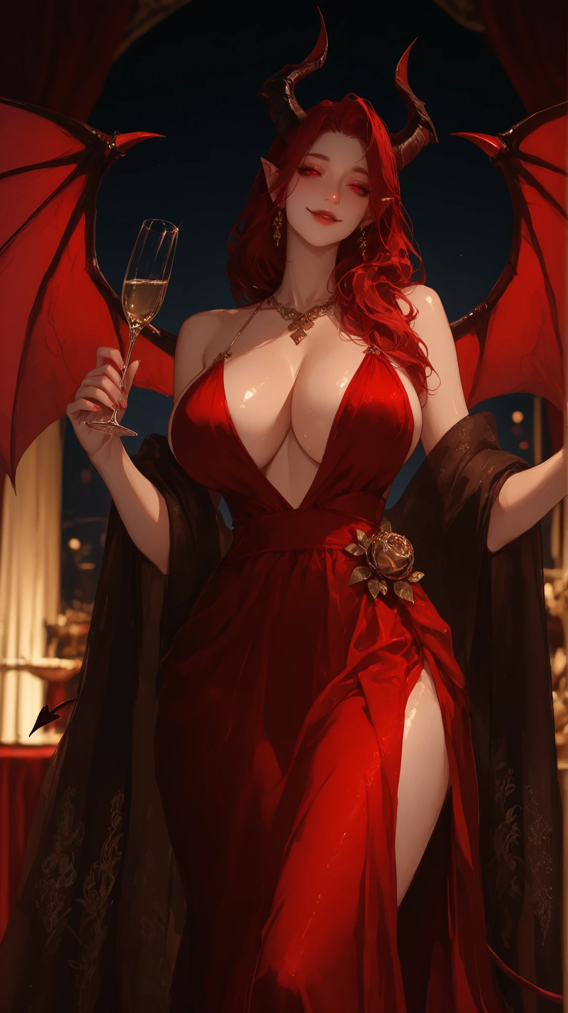 Alone, female, Empty, jewelry, close up, extremely attractive , flawless porcelain skin , shiny hair , long red hair , red eyes , huge breasts, wide seductive smile, luxurious, elegant ball gown , ballroom, velvet curtain, gala, succubus girl, horns , wings , spade tail , flowing dress, seductive, pointy ears, depth of field, looking at viewer, holding a champagne glass, gold jewelry, night, adult, elegant dress, open posture, large shawl , Embroidery, adult, tasteful, goth girl
