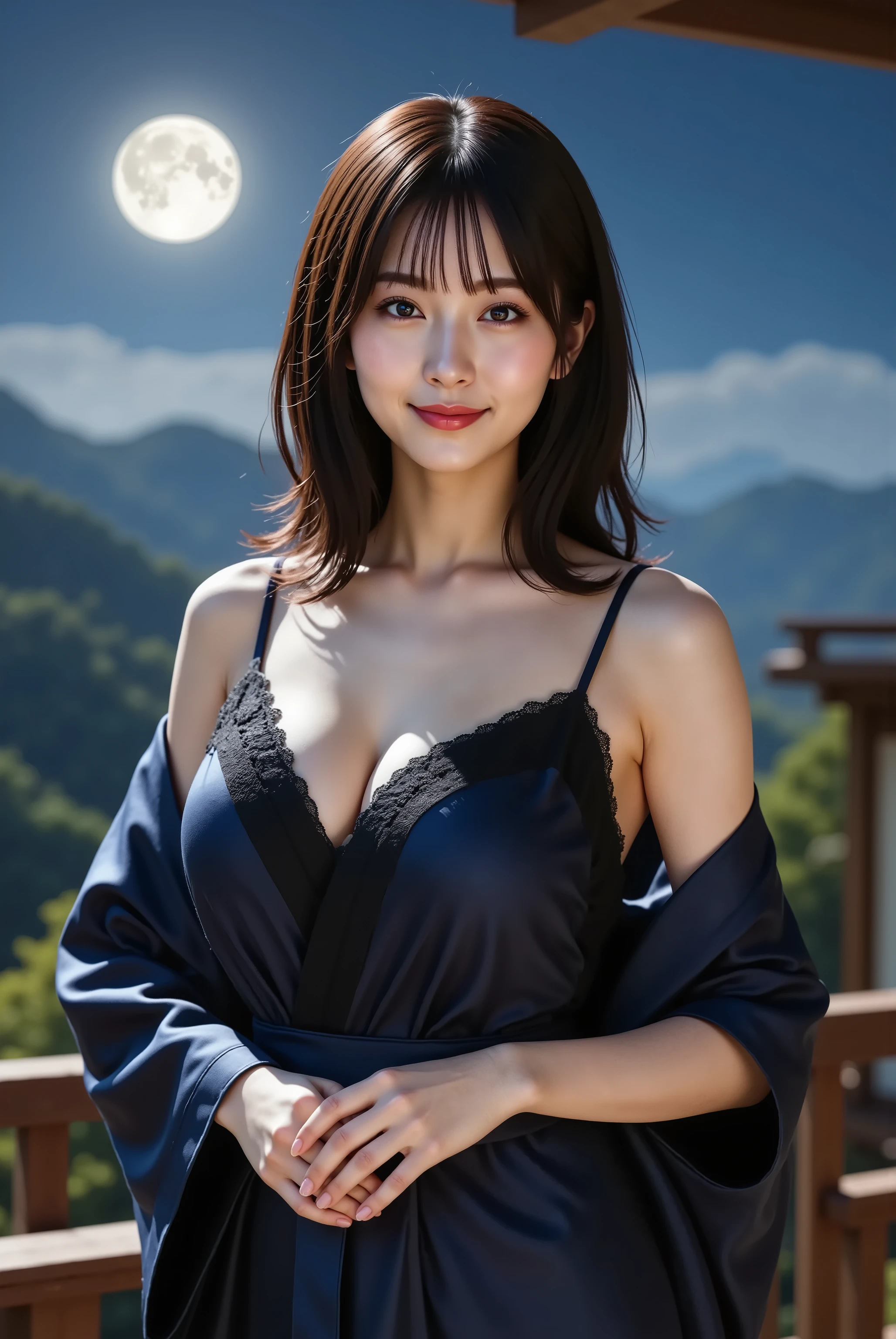 masterpiece, Highest quality photos, 32K HDR resolution, One woman, 50 years old, Beautiful Japanese Mature, milf, Wear gorgeous earrings, wear Kimono, Tight clothing, Curved body, Beautiful legs, Happy expression, Showing her huge breasts, (Showing cleavage),smile, (Big Breasts:1.6), (night:1.5、Beautiful starry sky:1.5、beautiful big full moon:1.5)