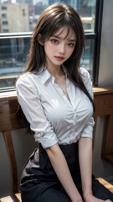 Haerin Woman, 1girl, solo, realistic, portrait, upper body, detailed face, oxford shirt, necktie, blazer, (high quality:1.4), (photorealistic:1.6), 8k, uhd, highres, absurdres, professional photo, highly detailed, detailed skin, masterpiece, (hyperrealism) "Top CG, the highest picture quality, masterpiece, delicate and delicate Bishōjo, ((185cm beautiful woman)), (tall and tall), Imperial sister, Queen temperament, white skin, exposed chest, long legs, perfect facial features, bright eyes, red lips, beautiful and cold, (big breaks) ）, delicate luminous eyes, exposed navel clothes, red leather clothes, tight leather clothes, 4k picture quality, Cosmo Lady, modern city, realistic portraits,reality,photo,1girl,,ULTRA HUGE BREASTS: 1.2, ((BIG BREASTS: 1.2),