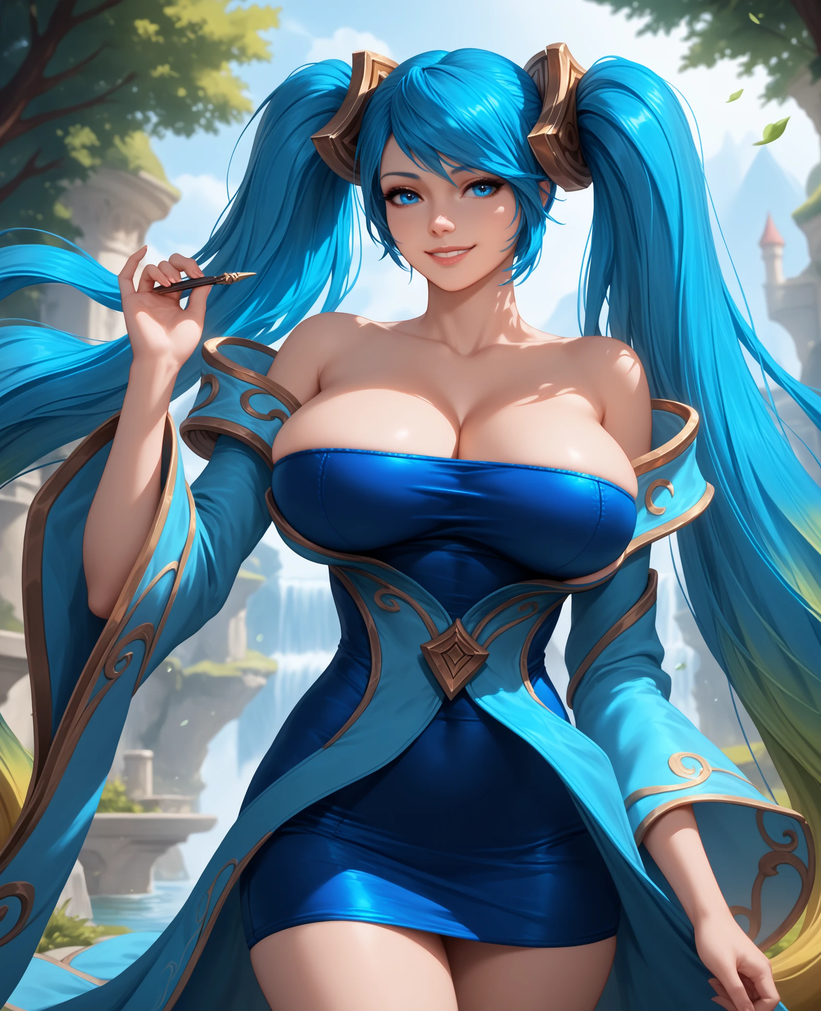 masterpiece, best quality, 1girl, Sona \(league of legends\), blue hair, blue eyes, gradient hair, collarbone, twintails, hair ornament, long hair, blue dress, breasts, close-up, portrait