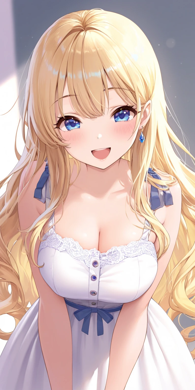 detailed illustration, dynamic angle, ultra-detailed, illustration, 1girl, 18 year old, school girl, wavy long blonde hair, long hair, bright robotic blue eyes, hearts, white shirt, black mini skirt, cleavage, flush, blush, arousal, wide eyes, happy, smiling, seductive, touching chest, open mouth, happy, eager, delighted, flushed