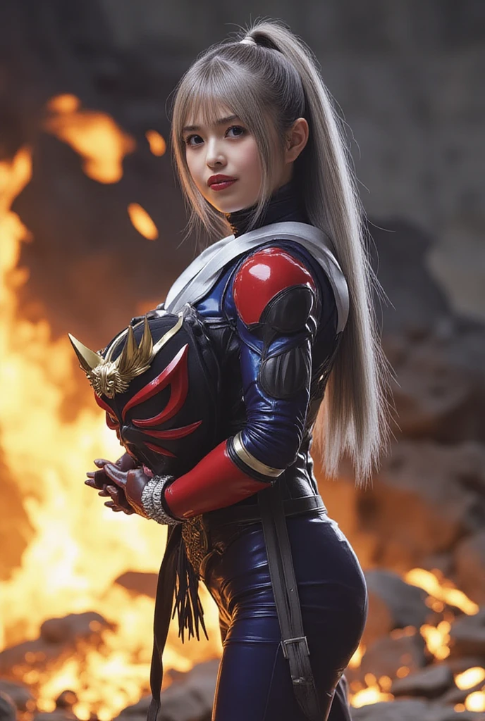 (The CG is very detailed.), (best quality), perfect face, Shiny skin, Shiny skin,wide hips,   1 girl,alone , Eukinetics,light purple hair,very long hair,low Twintail,Ahoge, purple eyes, Twintail, long hair,Mighty Cougar, ,Yellow horns,red armor, rider belt, glove, Diaphragm,navel,gold,,armor,belt,gag,bare shoulders, Thumbs up, smile,full body,