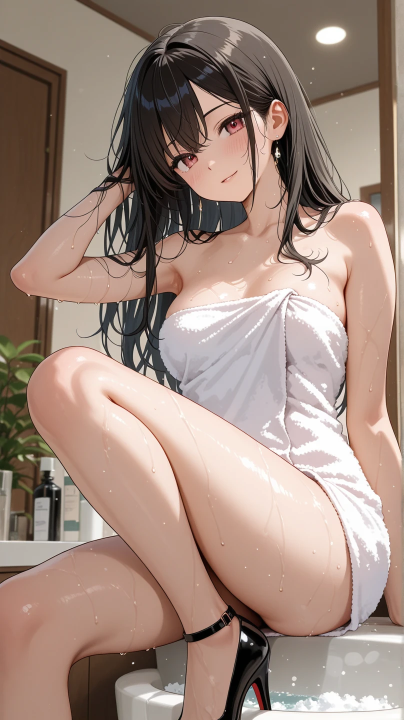 ((Tabletop, Highest quality, High resolution, , Pixel Perfect, 4K,))), 1 female, 、The whole body is visible、 ((Long Wavy Hair, bangs, Brown Hair)), ((Brown eyes, Beautiful eyelashes, Realistic eyes)), ((Detailed face, Blushing:1.2)), ((Smooth texture:0.75, Realistic texture:0.65, Realistic:1.1, Anime CG Style)), Medium sized breasts, Dynamic Angle, Perfect body, (( , , White camisole、No bra、Soft 、 Pink lace panties、、)), Gold Hair Ornament、Cross Necklace、、Very embarrassing panic smile, Stick your butt out、、、、、、、、Nipples are slightly visible、、、、Hotel shower room、、、、 、)、