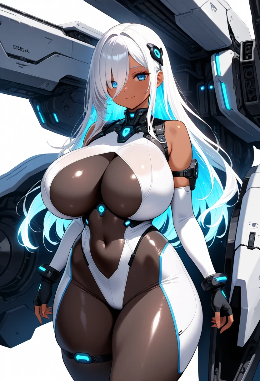 1girl, dark skin, dark-skinned female, white hair, long hair, wavy hair, bodysuit, white bodysuit, black pantyhose, pantyhose, large breasts, thick thighs, hourglass figure, neon lights, futuristic, tech, science-fiction, yellow eyes, smile