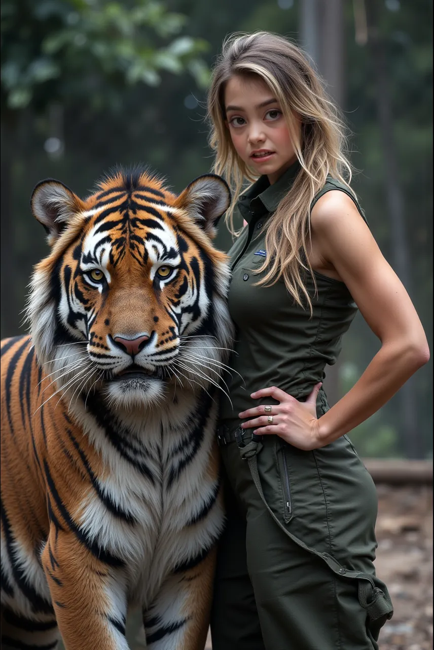 A blonde girl and her tiger friend in the forest