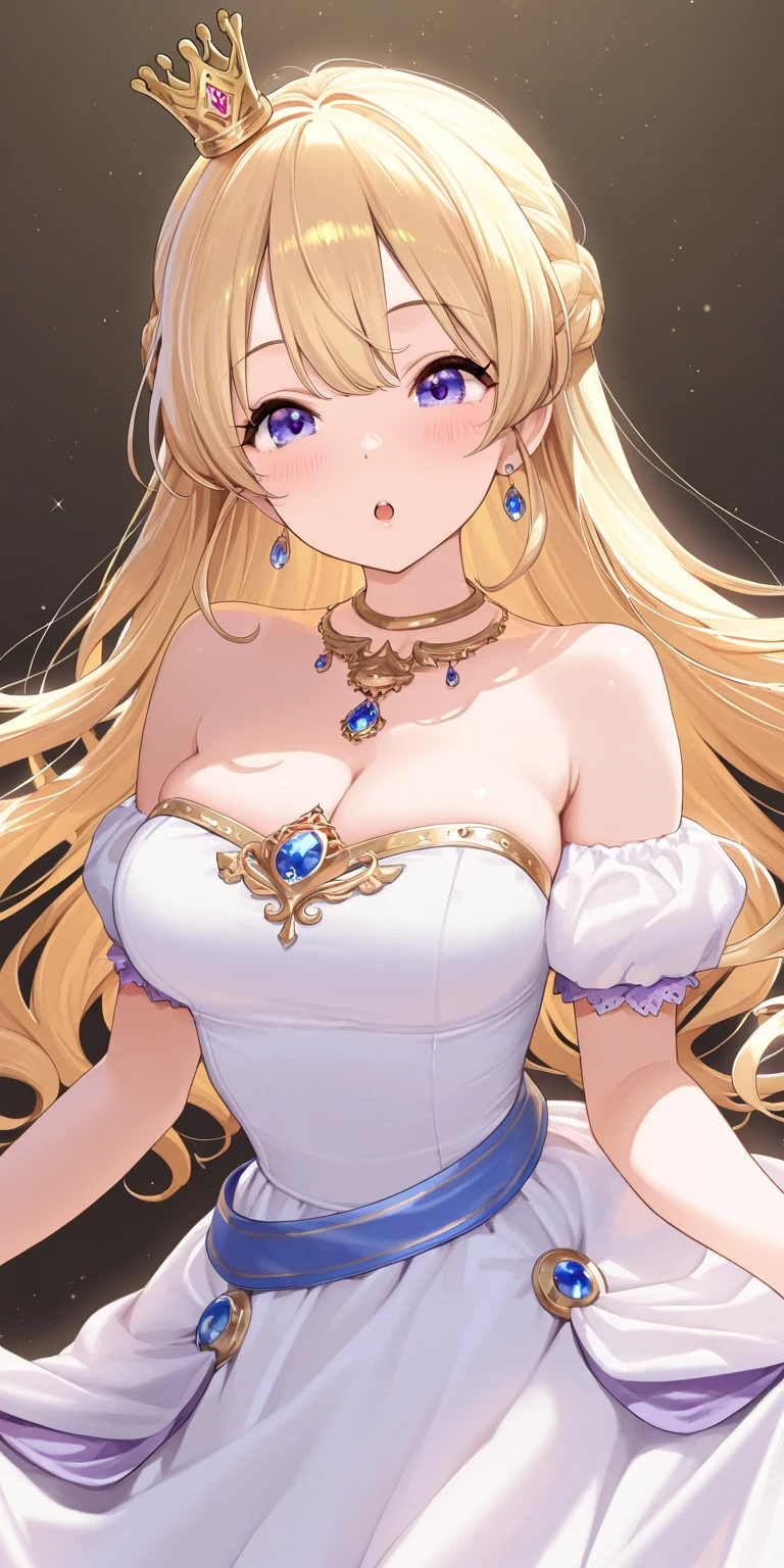 1girl in, Solo, Perfect body, (Super Detail:1.1), (Best Quality:1.1), Cute Girl, Lori, Gamine, Golden Eyes, (Ultra-detailed eyes:1.1), (ultra-intricate pupil in eyes:1.2),Princess, a blond, voluminous hair, Very long hair, a baby face, Sapphire Eye, Pure white dress, layered ruffled lace skirt, White High Heels, Castles, Red Carpet, ball, Standing Picture, Adults, very large breast, valley, Shoulder out, Wide sleeves, short ponytail, crowns, Ruby Necklace, voluminous eyelashes, Bullish smile,