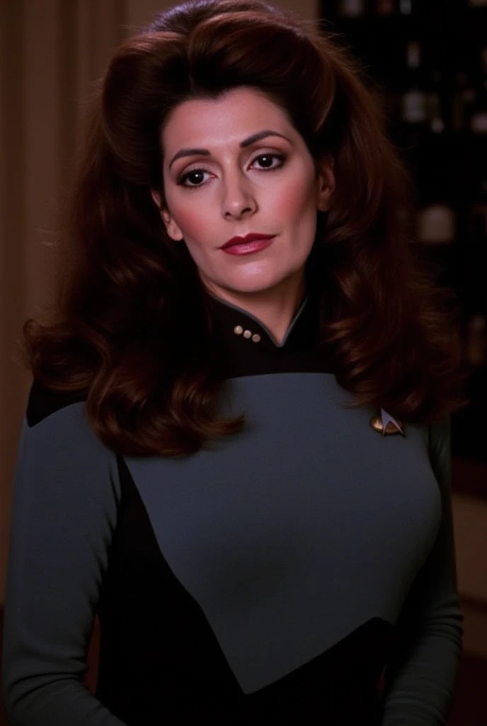 (Brown wavy hair) Jenna Coleman: Star Trek Green uniform: Enterprise Bridge background: Emilie de Ravin: (Emma Rigby), (crop top) cleavage: