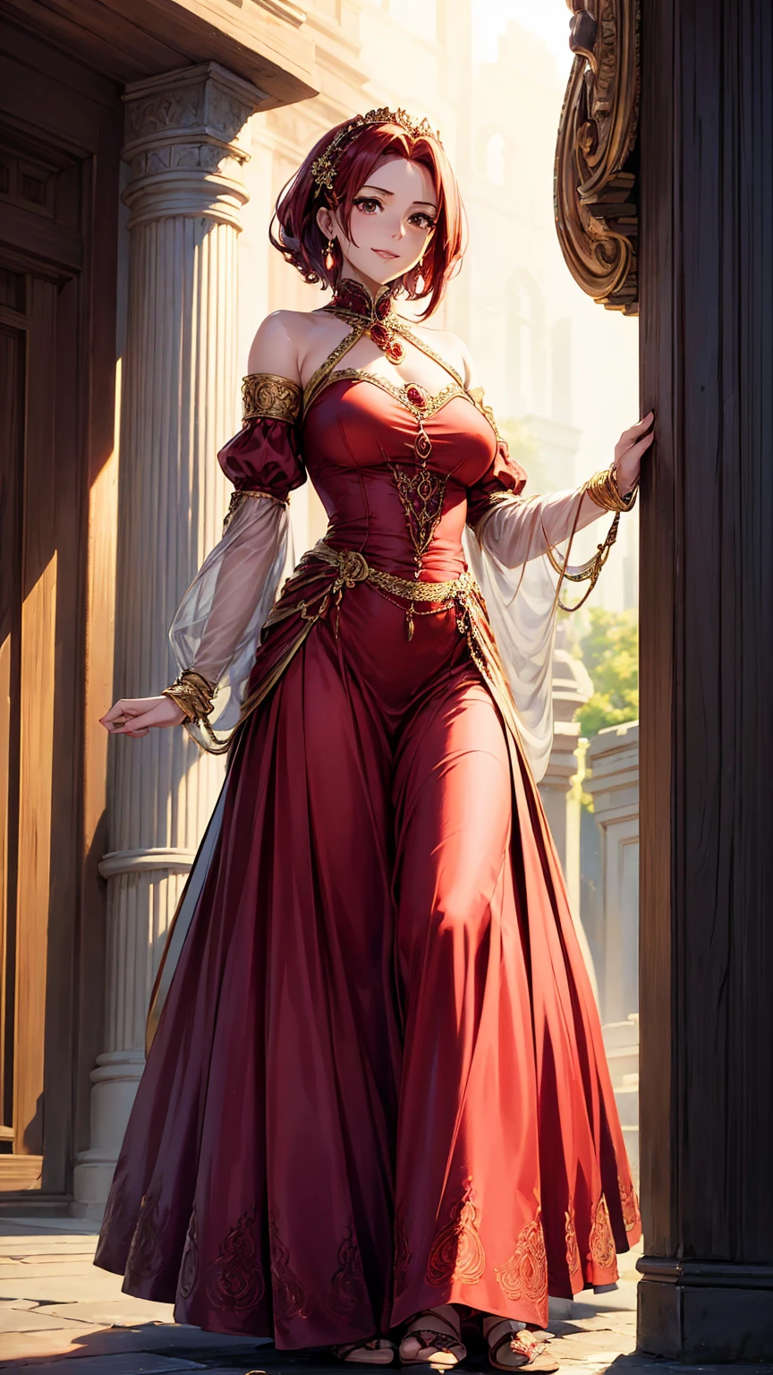 ((1girl, solo)), beautiful body, (perfect anatomy, perfect body, perfect hands, perfect legs), nice hands, natural proportions, sexy body, large breasts, standing, full body, own hands together BREAK 

((extremely detailed face)), (beautiful detailed eyes:1.6), (realistic pupils, realistic iris:1), expressive eyes, ((looking at viewer)), (clear eyes:1.3), (hyperrealistic:1.2), (detailed skin texture:1.2), smooth skin, red hair, long hair, (detailed lips:1.2), (attractive lips:1.1), (glossy lips:1.1), (smile), perfect face, perfect eyes, earrings BREAK

strapless dress, long dress, (tight waist:1.5), collarbone, bare shoulders, detached sleeves, long sleeves, wide sleeves BREAK

indoors, (checkered floor:1.2), (glass window:1.3), mid day, medieval BREAK

(masterpiece:1.5), anime-style, top quality, best quality, (beautiful and aesthetic:1.2), (ultra detail:1.5), Ultra-detailed depiction, Ultra-precise depiction, extremely detailed 8k illustration, high resolution, (highly detailed shading:1.2), (realistic lighting:1.4), perfect lighting, vibrant colors, dynamic tones, striking hues, 8k, absurd resolution, perfect shadows, hdr, UHD, ambient lighting, realistic, ultra-realistic, photo realistic, highly detailed, rich detail, luminous colors, fine texture, intricate design, professional illustration, (soft light:1.2), (illustration:0.7)
