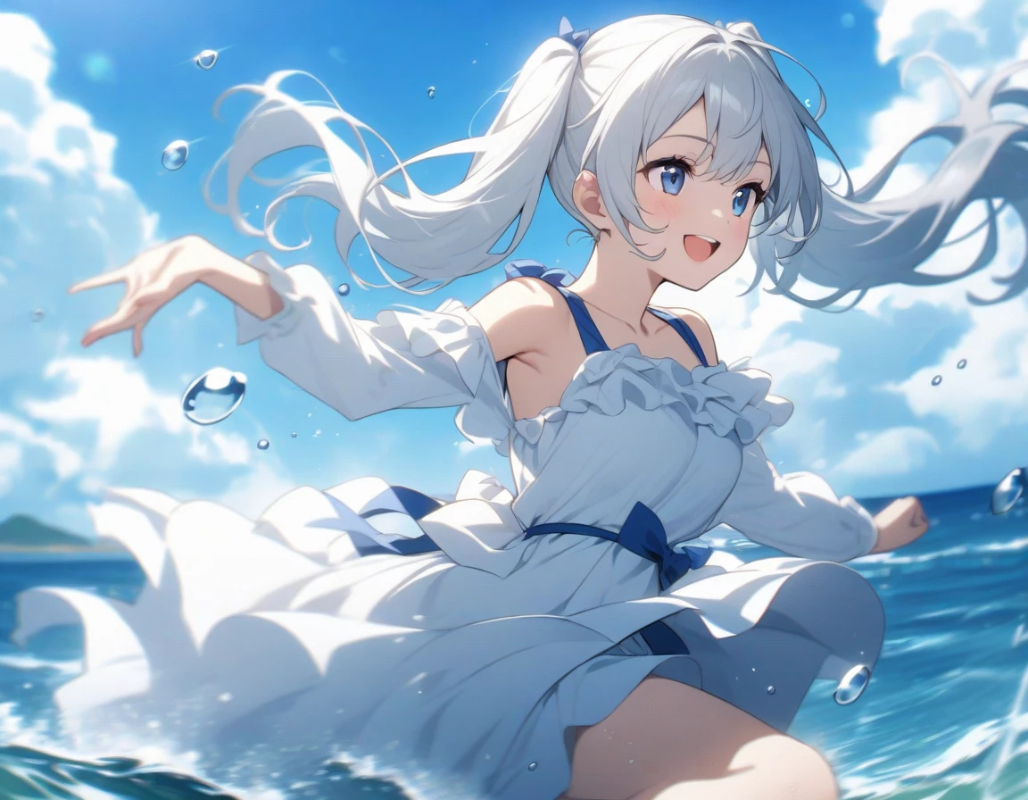 ((masterpiece)), (((best quality))), ((ultra-detailed)), ((illustration)), ((disheveled hair)), ((frills)), (1 girl), (solo), dynamic angle, big top sleeves, floating, beautiful detailed sky, on beautiful detailed water, beautiful detailed eyes, overexposure, (fist), expressionless, side blunt bangs, hairs between eyes, ribbons, bowties, buttons, bare shoulders, (((small breast))), detailed wet clothes, blank stare, pleated skirt, flowers
