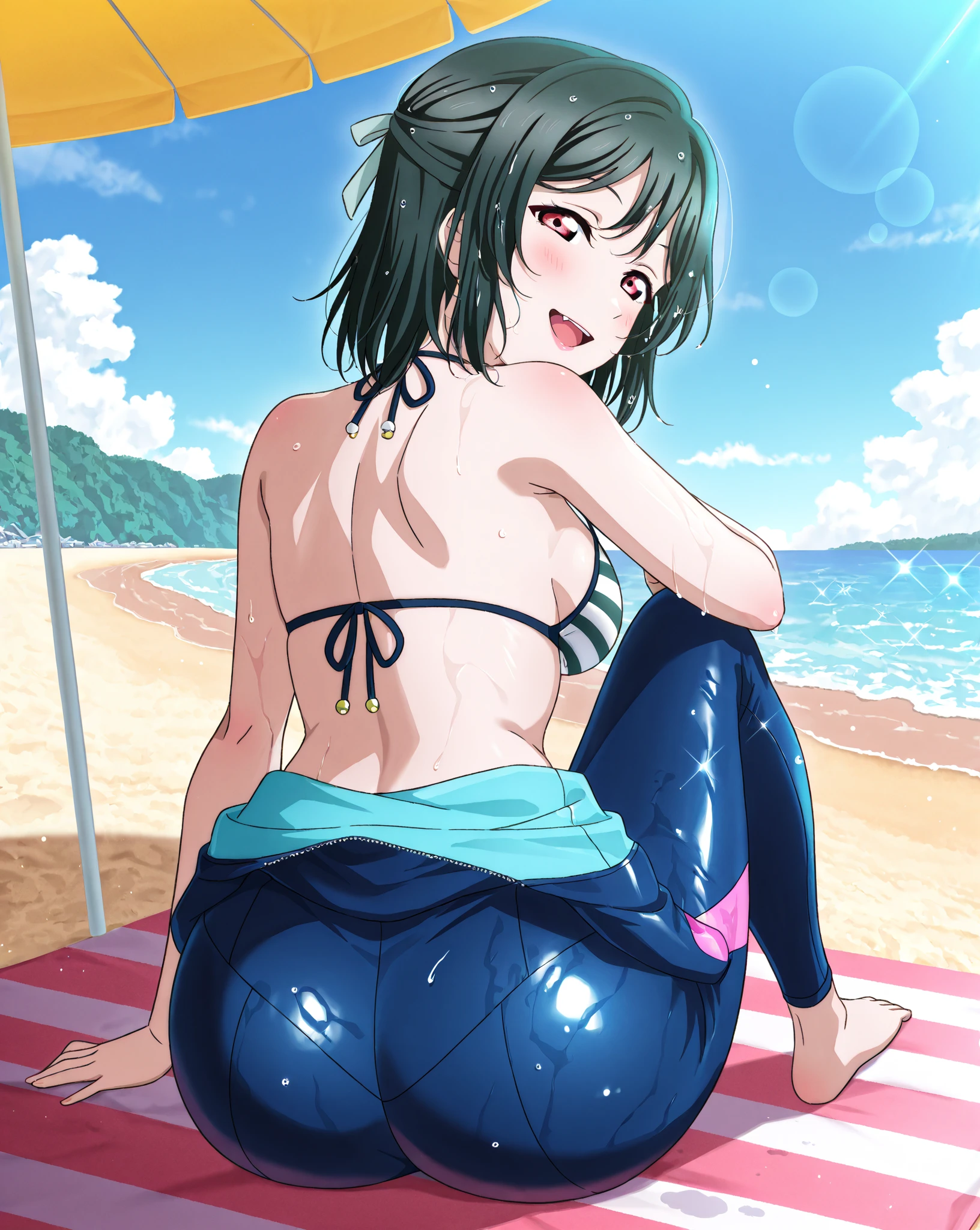 mature female, mature, Adult, himeno, himeno(Chainsaw Man), 1girl, black hair, short hair, eyepatch, solo, naughty face, nsfw, Bending forward, Spread arms, Raise arms, looking back, From back, Beach, Night, latex purple leotard, dramatic angle, unique perspective, unique angle, masterpiece, Top animation quality,Top image quality,