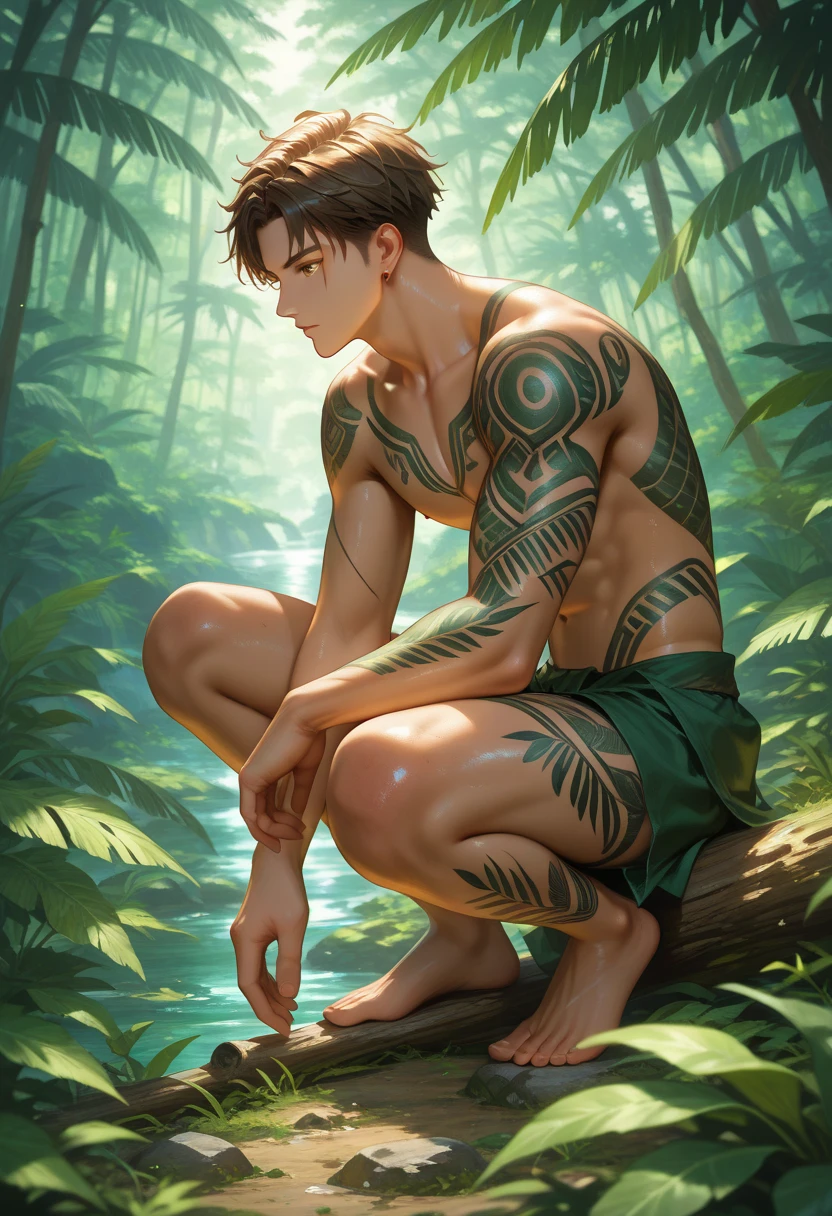 Excellent picture quality tropical scenery, clear river, strange trees, shore boy right hand into the water to fish, naked, crotch faintly covered by leaves, surrounded by tropical fruits, crown on the head, face camouflage, tattoos, healthy golden complexion, sitting firmly on a blue-green steel raft, the background is very layered.