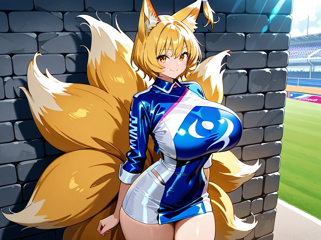 masterpiece, best quality, extremely detailed, 1girl, mature female, solo, yasaka dxd, (gigantic breasts:1.2), ((blonde hair, very long hair, yellow eyes, slit pupils, fox ears, fox tail)), parted lips, zero suit, ((yellow bodysuit, yellow gloves)), light smile, sitting on the bench, ((futuristic cityscape)
