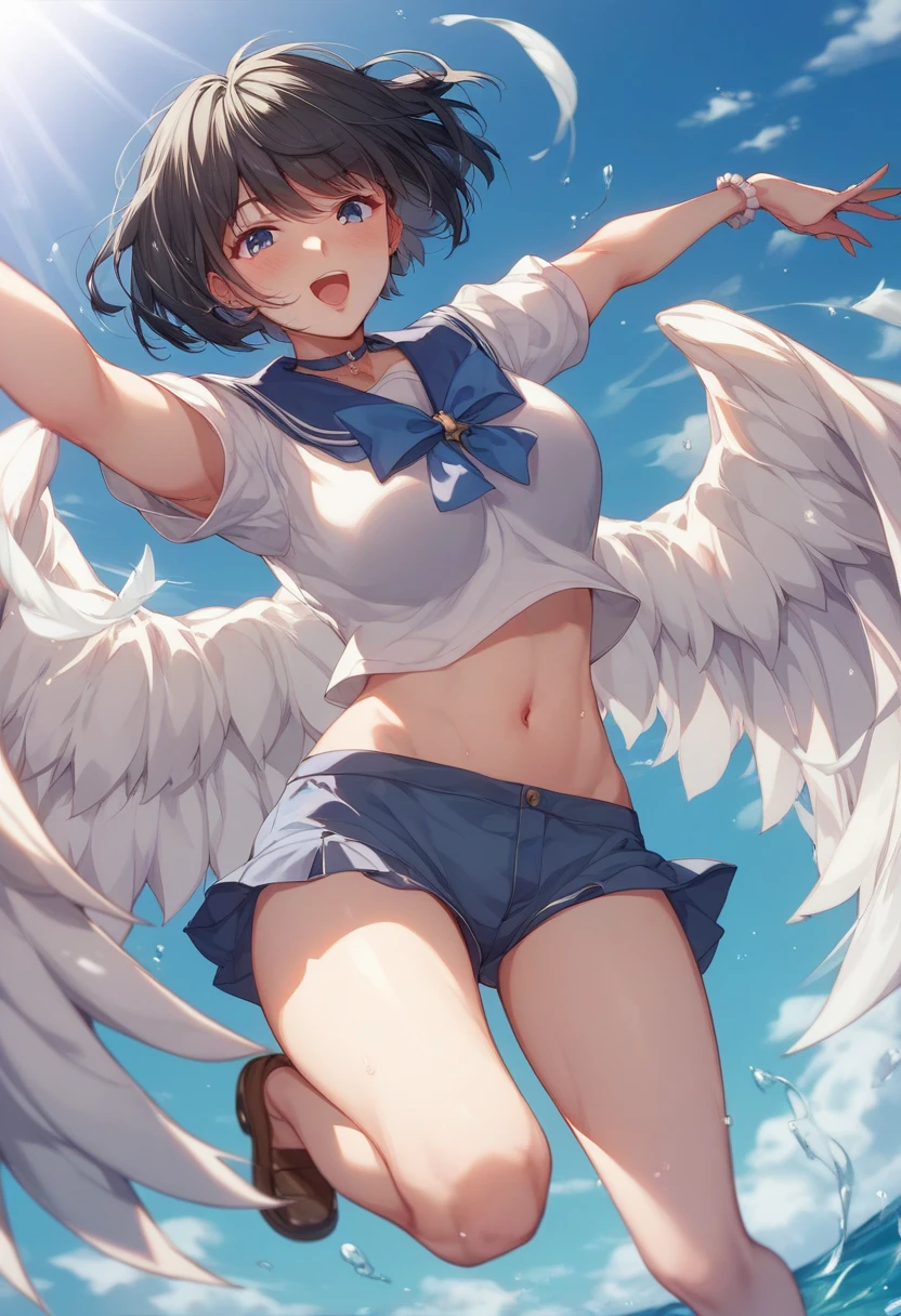 {(ultra realistic photo graphic style:1.4)}, {(1girl free_fall from 10000m above the ground:1.2), (out of focus background:1.4)}, {1girl, 18yo, beasts_ears}, (angel wing:1.4)}, {(cheerful:1.3), (candid shot), (forehead)}, {(inner_thighs showing pose:1.4)}