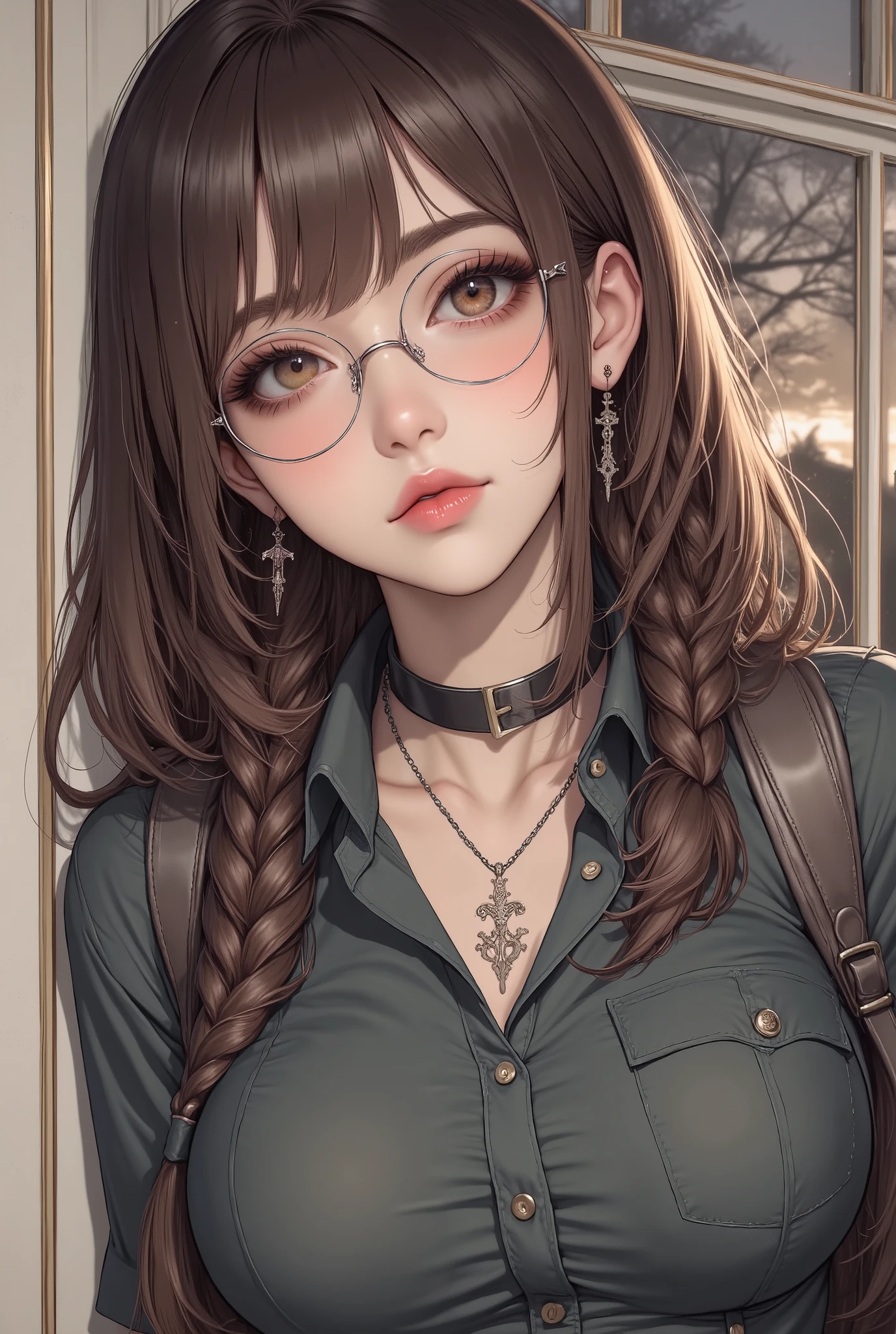 (  Highest Quality, best illustrations,high image quality:1.2), (Horror Fantasy:1.5), (ink and watercolor:1.5),(Ominous Scenery   :1.5),(A lot of dust rises:1.5),(  Dirt Track   :1.5),(wonderful:1.5),(masterpiece:1.5),  (Powerful figures:1.1、Big Breasts:1.3) 、 ((((glasses、closeup shot, cute、 red eyes、 Evil Ruby's Cursed Necklace )))),(((glasses、Big Breasts、  braids)))、  cute face,  raise eyebrows , ,(Fatal Beauty,  charming beauty ) ,(Mysterious Charm:1.1),(Big Breasts、attractive silhouette),   high image qualityテクスチャ 、High Quality Shadows、   beautiful and delicate face   、 beautiful, delicate, eyes are sticky liquid dripping  、 ray tracing 、 20th Generation、 cute K-POP girl、( The Face of Korea )、Thin face、( Ulzan-6500-v1.1:0.6)、   Face of Pure Loss   _v1 , ( beautiful and delicate face ,  beautiful and delicate eyes,  perfectly balanced face ,  high image quality skin ,  detailed skin,  lens flares {x} perfect ratio 4 fingers to 1 thumb :1.25)、 DSLRs、   地獄から来たbeautiful悪魔女  ,    ATTRACTIVE GIRL  , Real Girls, Gurwitz,  Gurwitz-style Artwork , Girl Roleplay, Realistic 3d style, cgstation Popular Topics,,  8k portrait rendering BYMR. nomi ,（truth,truth:1.4,glassesの少女  :1.2)、cheek、 glossy lips, 1. オーバーサイズ comment:  comment、 come up with an oversized design that covers shoulder to knee.。 navy blue or black are standard colors .、[ Soft khaki or beige , wait.、 Pick the right color for the season 。 2.    choose the color that suits your skin    : To protect yourself from the cold、    choose the color that suits your skin   、 ニットの質感と色を commentに合わせてください .。 3. ワイドレッグ   pants:    pants,  choose a wide leg design 、combines mobility and style。Dark tone denim or black   pants look great.。 4. knee-high boots: オーバーサイズ commentに含まれるもの、boots are black or dark brown Match the texture and color of the fashionable.、  Gives a stylish impression  。 5. accessories:   The  。  Disney  、   long necklace  、6. handbag: handbag、let's match the color of your outfit.