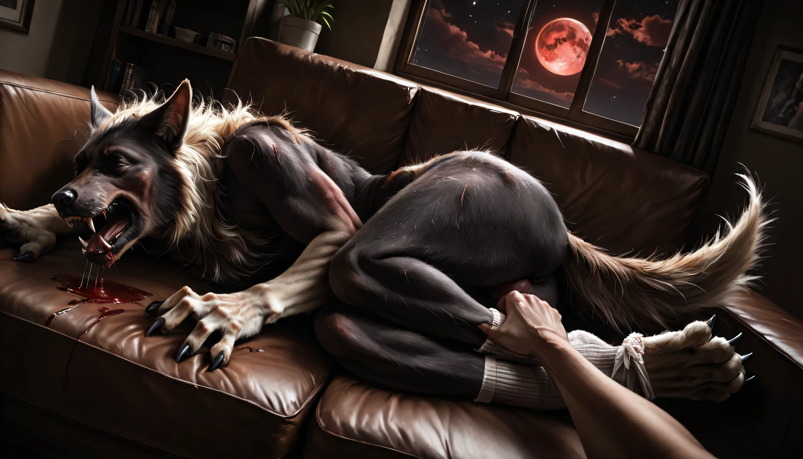 angle, Werewolf transformation, doubled over:1.3, dynamic pose, angle, pov, Fetal position, stretching, scratches, werewolf, fluffy wolf breast, [feet: paw:0.7], pads:1.3, pawpads, big toes, dinosaur toes, animal tumb, paws:0.7, fangs:0.8, female, fur, snout, wolf snout, dog snout, whiskers, dog, nicked, bare,detailed fur, gradual fur, wolf tail, spread infection, scars, (injury, wound, scratched, scratch, dripping blood, blood arounds, blood from mouth, bleed scars, bled), crying, sweating, drooling:1.2, in pain:0.8, crying:1.2, screaming, tattered socks, big toes, big curls fingers, deep night, window, stars, clouds, red moon, ((darkness, night dramatic, deep shades,)), living room, shelf, scraps around, rags, shred, nsfw, penis, clothes scraps,((Ultra-detailed, Realistic, realistic:1.37), 4k, 8k, RAW, HDR, UHD, 85mm f/1.4, 15mm, 35mm, 80mm, f2.8, high resolution, hd, full colour, 4k, high definition, sharp focus, smooth, Professional, cinematic, extreme detail, description, masterpiece, best quality,))