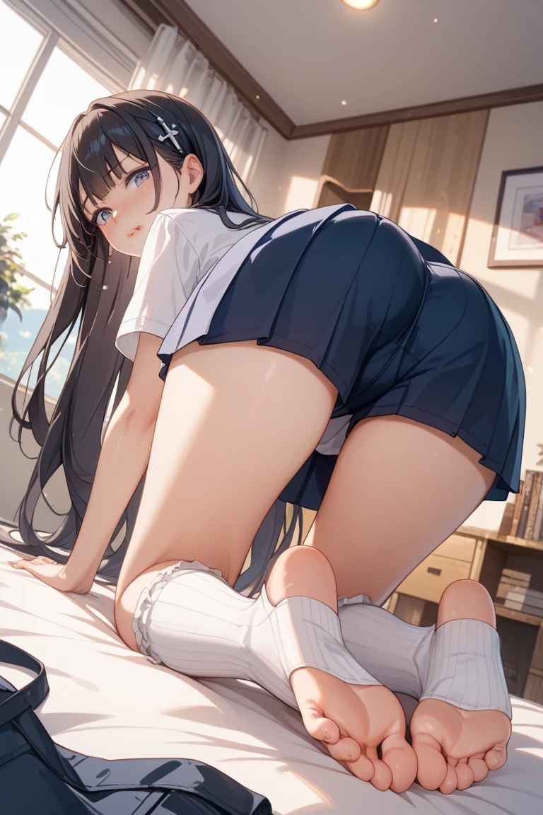 rinshibuya, rin shibuya, black hair, (green eyes:1.5), long hair,
BREAK black skirt, black socks, collared shirt, green necktie, kneehighs, long sleeves, miniskirt, necktie, pleated skirt, , shirt, skirt, socks, striped, striped necktie, white shirt, wing collar,
BREAK indoors, classroom,
BREAK looking at viewer,
BREAK (masterpiece:1.2), best quality, high resolution, unity 8k wallpaper, (illustration:0.8), (beautiful detailed eyes:1.6), extremely detailed face, perfect lighting, extremely detailed CG, (perfect hands, perfect anatomy), little, (white panties:1.5), (ass:1.5), kneeling, leaning forward, body tilt, small breasts, (short, tiny, little:1.5), blush, embarrassed, from below, from back, cowboy shot, spread legs, dutch angle