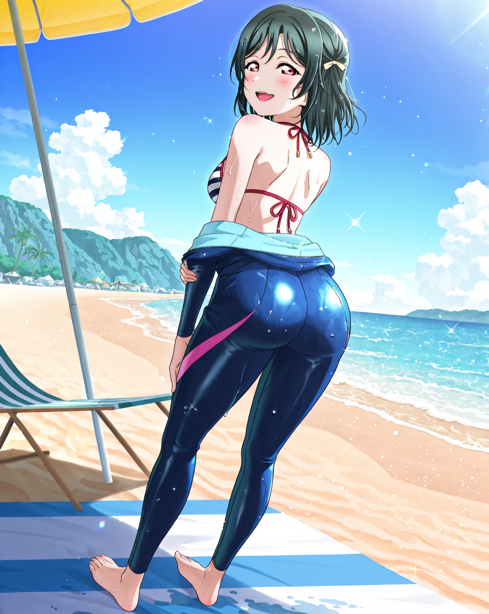Brown haired girl wearing a blue bikini (with your back to the camera) em uma praia (it is slightly tilted forward)
