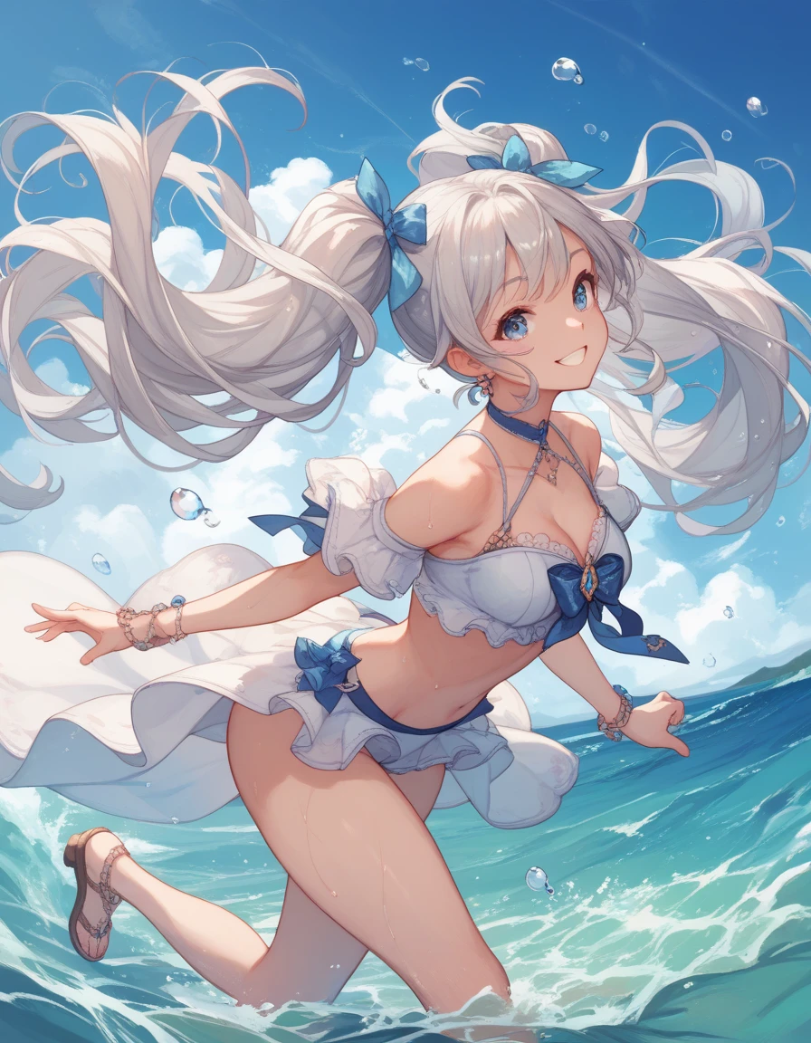 Silver-haired blue eyes、 girl、Small breasts、Twin tails、Laughter、Nico Nico Smile、Wink、 girl、Looks about 、Petan Musume、short、There are highlights on the eyes、Coming to the sea、Wear a cute swimsuit、sexy、Armpits are visible