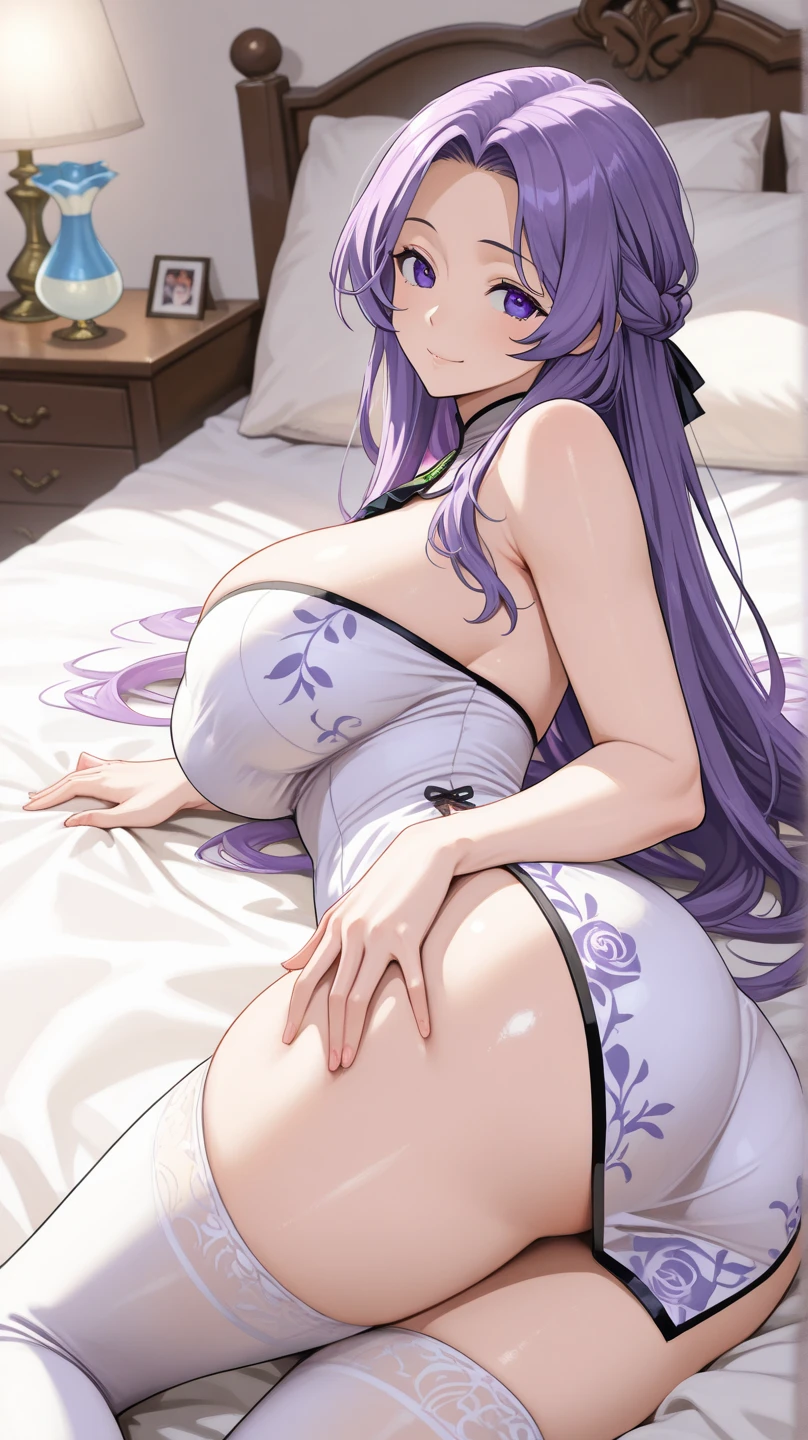 blue hair、long hair down to the waist、Purple headband、green eyes、a beautiful woman with big breasts、In underwear、white color、shy face、position lying on bed、Japanese room at night