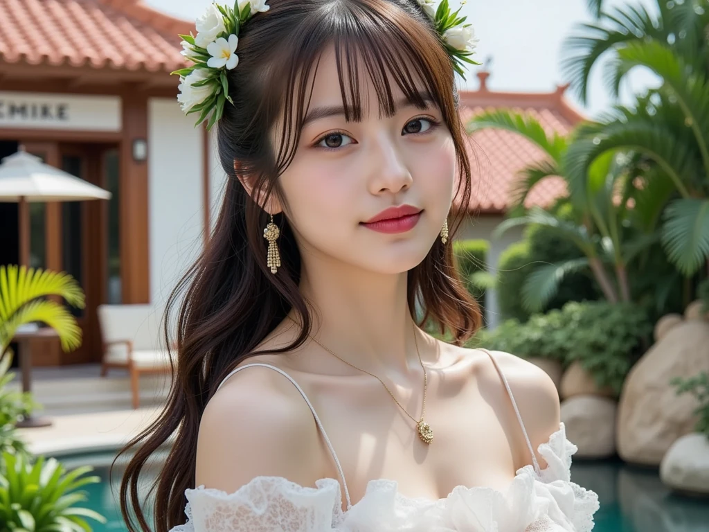 (8k, RAW Photos, highest quality, masterpiece: 1.2), (Very detailed), (Super Resolution), (Genuine, Genuine photos: 1.37)、(Portraiture), (High-quality RAW color photos)、 (Professional photos).( Very detailed and beautiful new),(Very detailed), (8k wallpaper),(Amazing details),(Large file size),(Official Art,),(Very detailed),(8k wallpaper), (Very detailed beautiful girls),(Very detailed facesHighly detailed eyes),(Very fine skin),(Very detailed fingers,),(Very small nose),(Very detailed detailed mouth),(Perfect Anatomy),(Detailed Background),(High Quality Clothing),(23 years old),(cute girl), (Genuineistic body),(White skin),(Glowing Skin), (Blunt bangs: 1.2), (smile),(cute),(cute face),(Genuineistic face), (delicateな目),(Saggy eyes), (Stylish swimwear)、necklace、Earrings、Looking into the camera, Dynamic Lighting, G-cup breasts,Big Breasts、(tropical beach background)、(Dynamic Sexy Pose 1.2)、(With cleavage 1.2)、(thin legs 1.2)、(delicate, Plump and moisturized lips)、(Colorful beach umbrellas)