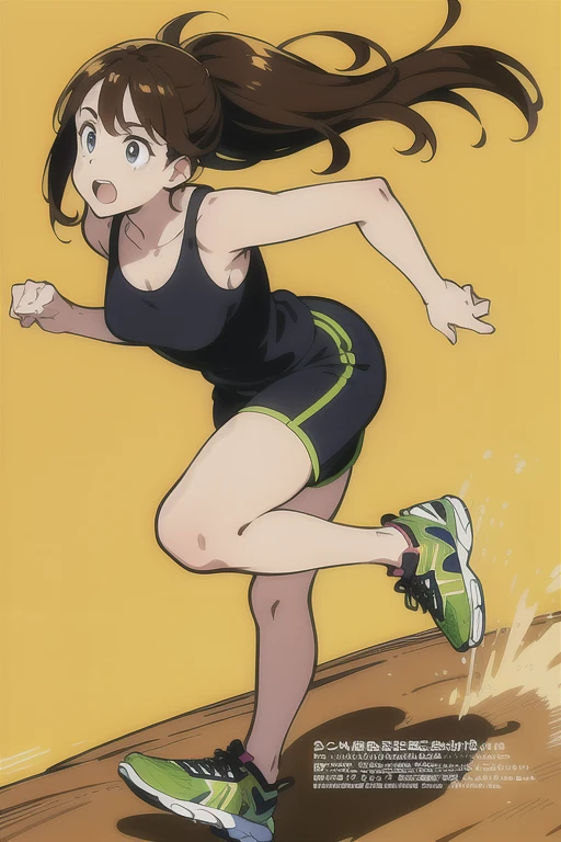 In the bustling arena of U.A. High School's sports festival, a girl with long pigtails of brown hair stood confidently, her green eyes glinting with determination. Her pale skin contrasted sharply with her vibrant gym uniform, making her presence all the more striking. Facing her was Bakugo, his intense glare met with her smirk, signaling her readiness for the upcoming battle. The crowd buzzed with anticipation as the two competitors squared off, each brimming with their unique quirks and skills. The art style captured the dynamic energy of the moment, emphasizing the fierce expressions and poised stances typical of My Hero Academia's creator, Kōhei Horikoshi.
