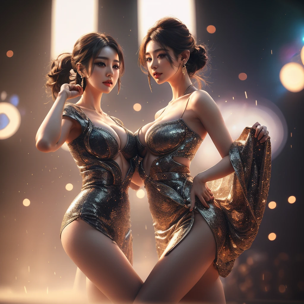 a group of lovely females (varied height and weight tending towards busty and full hips but athletic overall tone, varied races between Asian, Desi, Hindi, and Caucasian ) wearing scifi metallic swimsuits, extremely detailed and realistic,many women, beautiful detailed eyes, beautiful detailed lips, extremely detailed face, long eyelashes, detailed female body, sultry dance, metallic shiny swimsuit, tending to alien patrons in a star wars cantina (all manner of aliens are seated at tables eating bizarre foods and exotic drinks) , high quality, photorealistic, 8k, vivid colors, professional lighting, digital painting