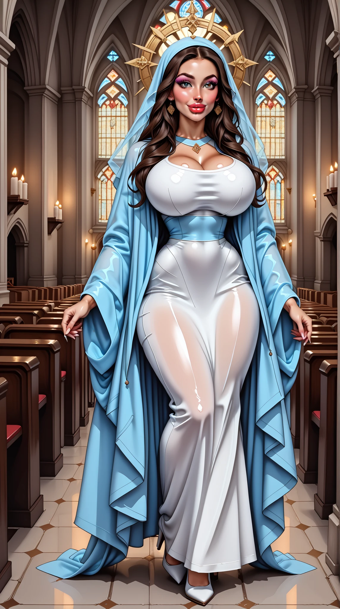 Mother of Jesus, black hair and green eyes, light brown skin, wearing a light blue robe, and a sky blue veil, a serene expression that brings peace (full body) near a window, illuminated by the moon (magnificent and realistic), cleavage showing, wide hips