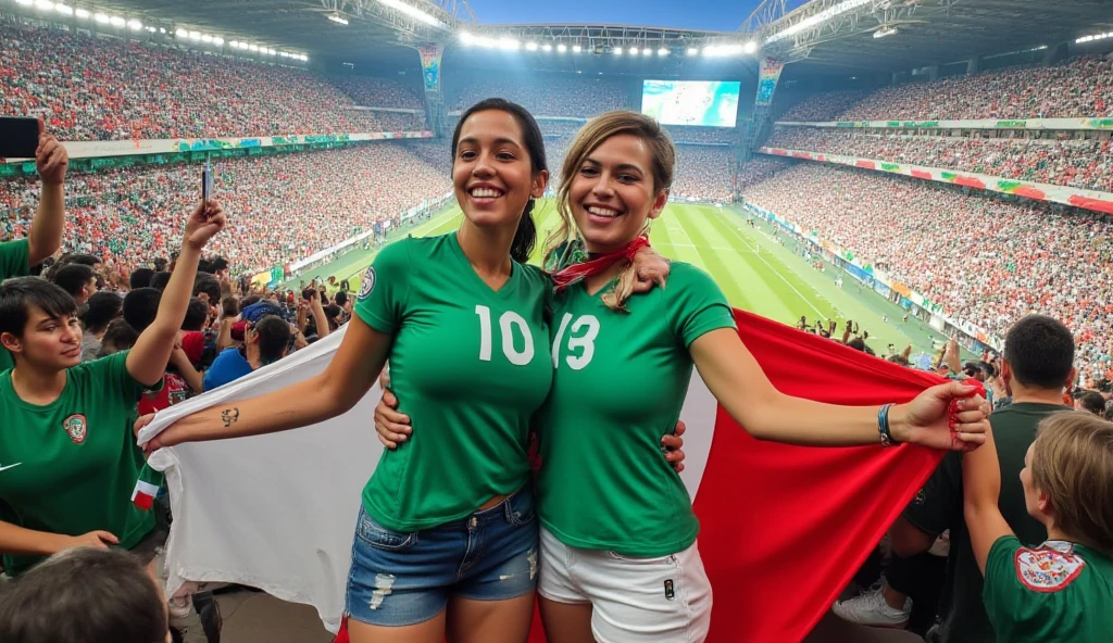 Supporter of the portugal and romania national football team, beautiful busty women cheer for their beloved team , photo style sport news , full body style