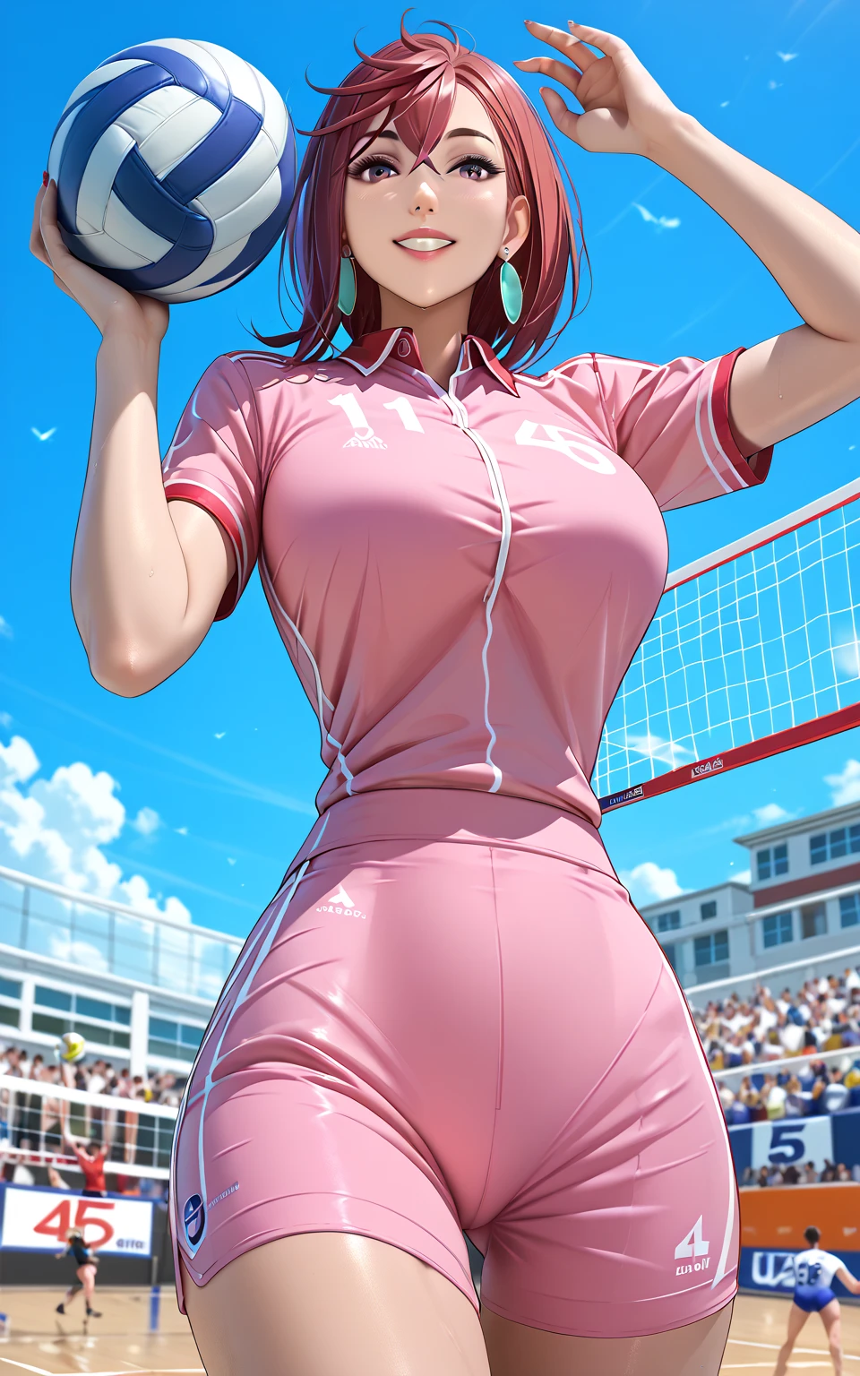 Masterpiece:1.2, Best quality), Realistic, (Real picture, Intricate details, Depth of field), (1girll, Solo), make up, parted lip, highly detailed, Perfect face,Huge breasts, (skin indentation), Thick thighs, Wide hips, Small waist, Tall, glossy coral lips,red hair, Red eyes, pony tails,
(A girl playing volleyball, white volleyball suit), (full of sweat:1.2), (Wet), Sexy, Blushing,